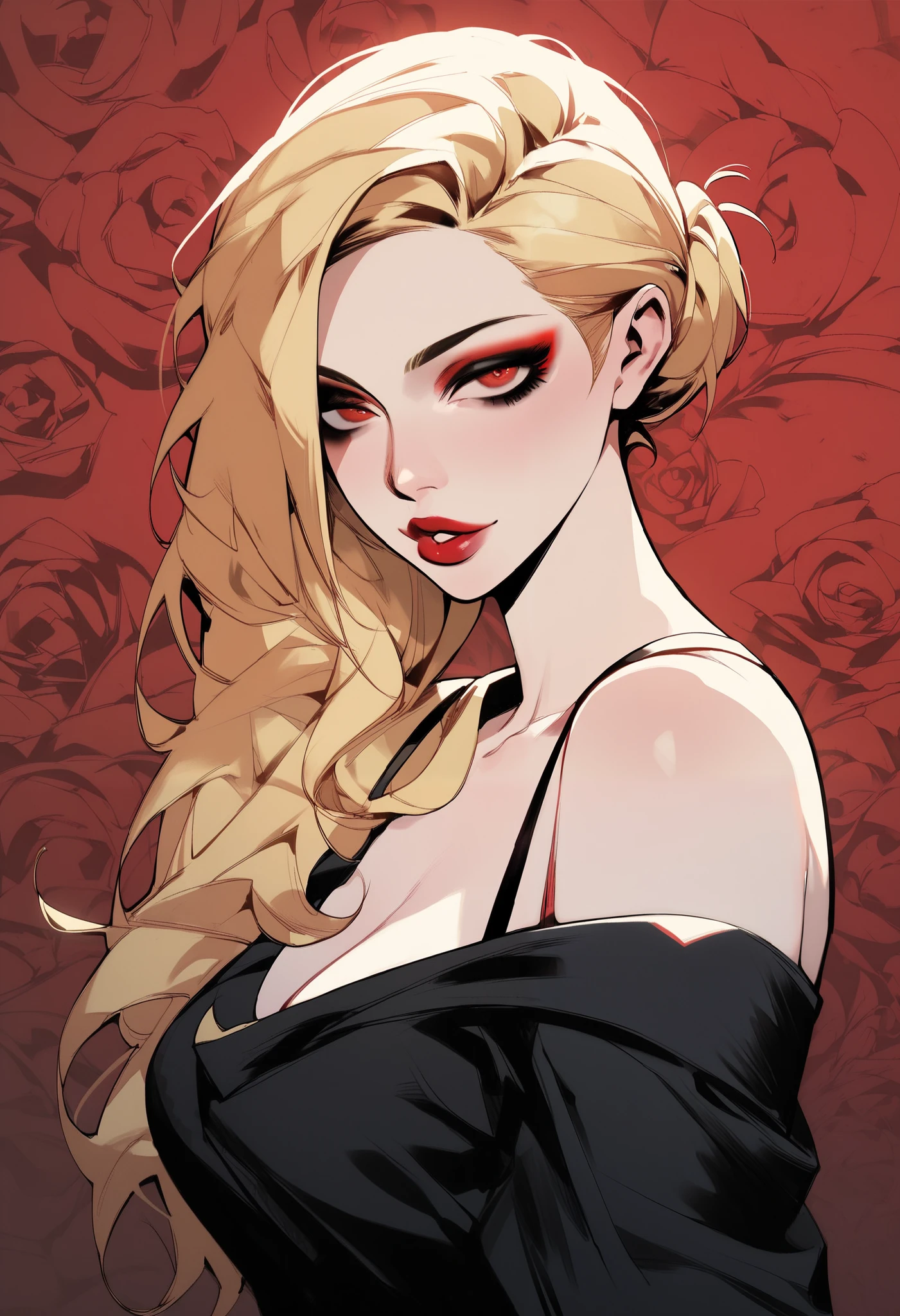 score_9, score_8_up, score_7_up, score_6_up, score_5_up, score_4_up, BREAK 1girl, intricate, Off-shoulder blouse,  neckline, thin strap, Yakuza outfit , (eyeliner:1.2), looking at viewer, blonde hair, red eyes, bun-cut, long hair, pink lips , pale skin, jewelry, detailed background,  (masterpiece, high quality:1),
