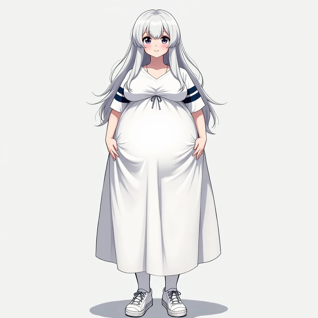 One girl,Ayanami Rei,alone,Red eyes,Long Hair,Nude, pregnant,Hair between the eyes, living room,bangs,,Look to the side,skirt,White shirt,View your viewers,smile,8K,