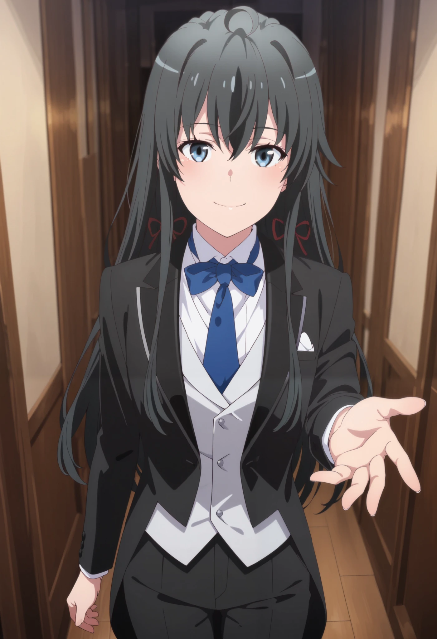 masterpiece,best quality,amazing quality, yukinoshita yukino, long hair, black hair, blue eyes, 1girl, solo,, suit tuxedo , , long hair, bangs, sidelocks, indoors, standing,happy,smile,looking at viewer, cowboy shot, blue tie woman in formal attractive suit tuxedo tailcoat standing in a large alcove in the room, , reaching towards viewer , , badass ,