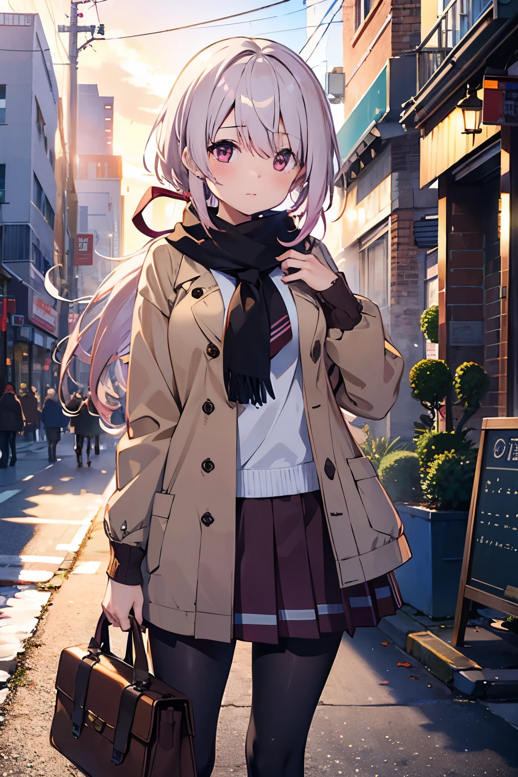 A girl is putting her hand on her chest,Masterpiece, best quality , high resolution, Yuika Shiina, very long hair that gives off a bow, gradation hair , pink hair , Gray Hair, low ponytail, hair ribbon, hair clips, brown winter coat, muffler , Black short skirt, tights, Cowboy Shooting ,station,Standing, in front of the store