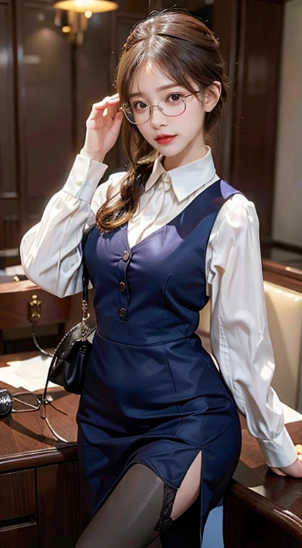 Realistic photos of 1 cute Korean actress, hair over shoulder, White skin, thin makeup, Bust size 32 inches, slightly smile, Wearing office uniform, on the stairs, upper body portrait, cinematic lighting, UHD