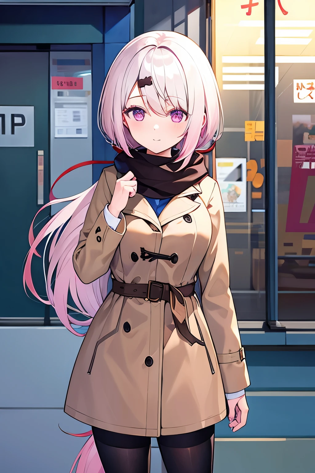 A girl is putting her hand on her chest,Masterpiece, best quality , high resolution, Yuika Shiina, very long hair that gives off a bow, gradation hair , pink hair , Gray Hair, low ponytail, hair ribbon, hair clips, brown winter coat, muffler , Black short skirt, tights, Cowboy Shooting ,station,Standing, in front of the store