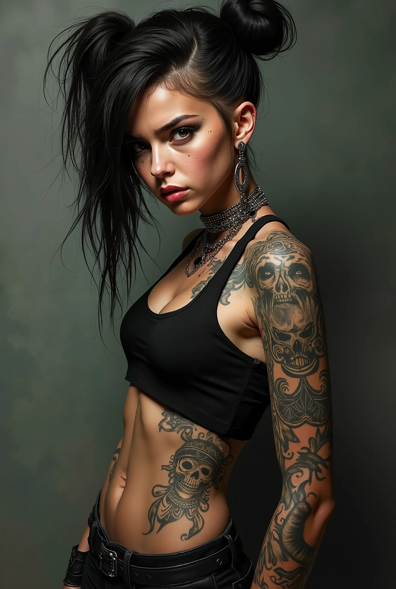 Portrait style image featuring a young woman with wavy, dark brown hair cascading over her shoulders. She has light skin and striking facial features, including arched eyebrows, prominent cheekbones, and full lips. She is wearing a black spaghetti strap top, revealing a detailed tattoo on her upper arm and shoulder. The tattoo includes a skull, flowers, and intricate patterns. She has a nose ring and is wearing stud earrings. The background is a muted, blurred green, keeping the focus on the sub