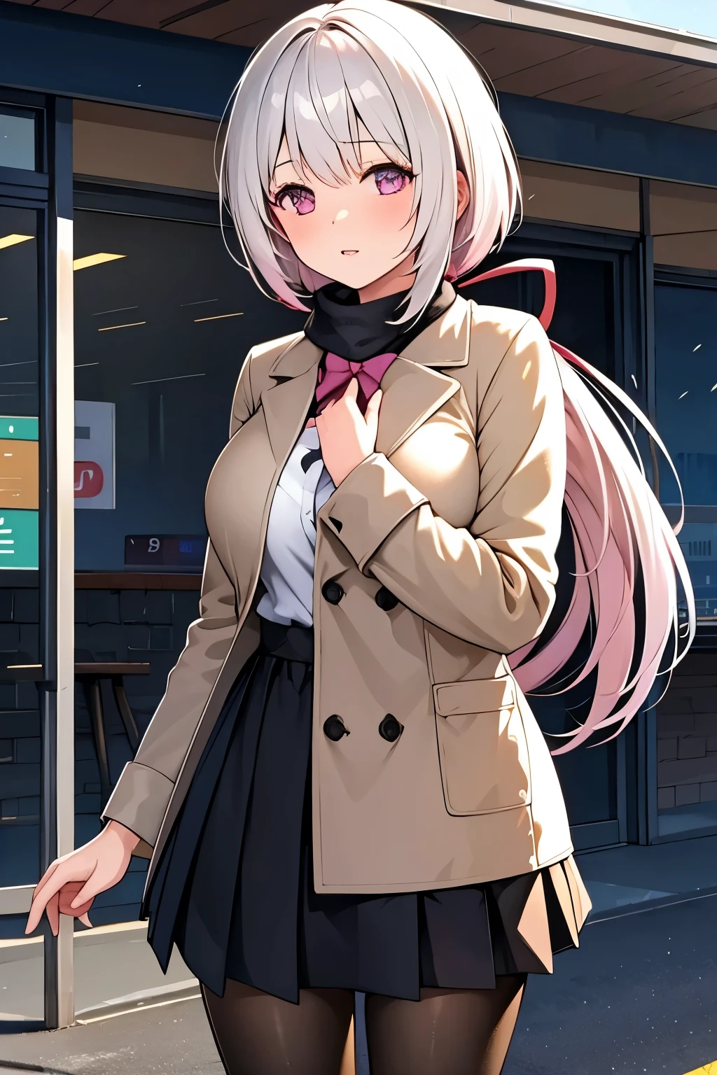 A girl is putting her hand on her chest,Masterpiece,  best quality ,  high resolution, Yuika Shiina,  very long hair that gives off a bow,  gradation hair ,  pink hair , Gray Hair,  low ponytail,  hair ribbon,  hair clips, brown winter coat,  muffler , Black short skirt, tights, Cowboy Shooting ,station,Standing,  in front of the store