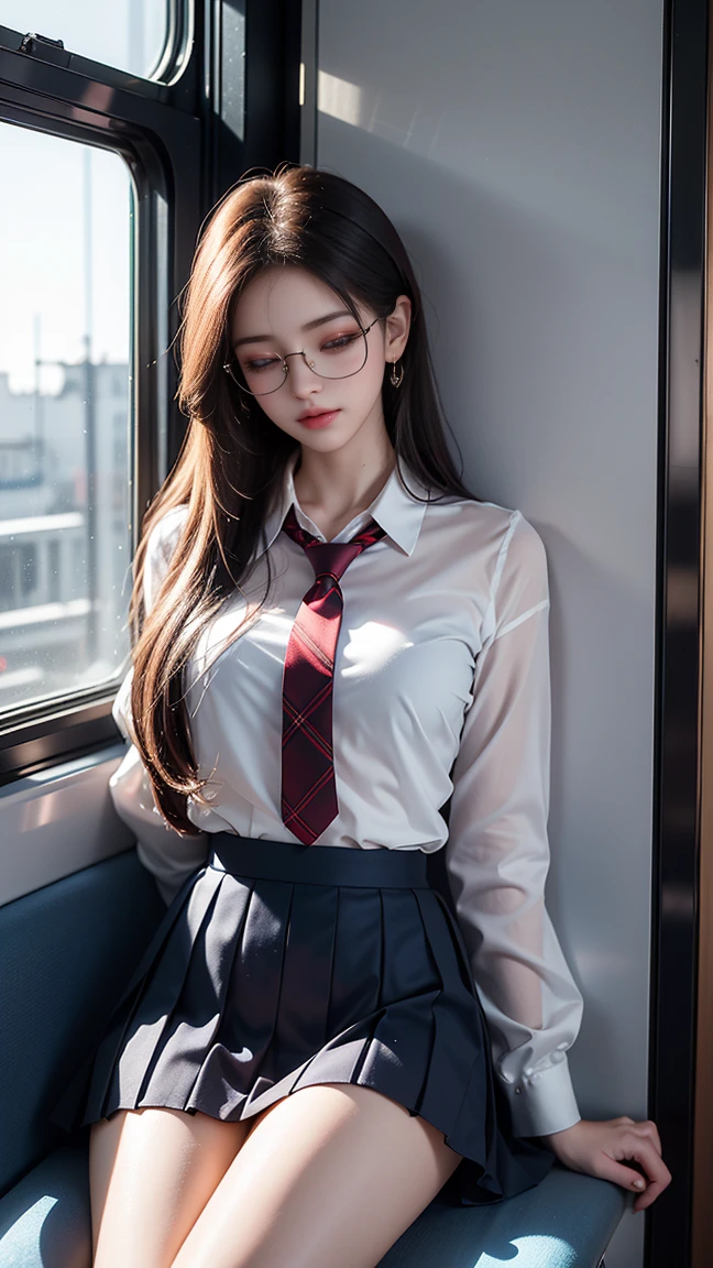 One Japan , Cute Girls, , (school uniform), (White shirt), (Navy blue pleated skirt), miniskirt, (red neck tie), Facing the camera, perfection female form, perfection face, Glossy pink lips, Expressive eyes, eye shadow, eyeliner, (Huge natural breasts:1.3), (Narrow waist), light brown hair, (ponytail), expressive hair, (over-rim glasses), mole under eye, eyeball, (looking at viewer, embarrassed:1.6, ashamed:1.45, sleeping:1.2, close eyes:1.24, upturned eyes, flustered, open mouth), bedroom, (from above lying on her back:1.5, (head on a pillow:1.2), (spread open legs), black stockings, cameltoe:0.8, full body), UHD, masterpiece, accurate, anatomically correct, textured skin, super detail, high details, high quality, best quality,