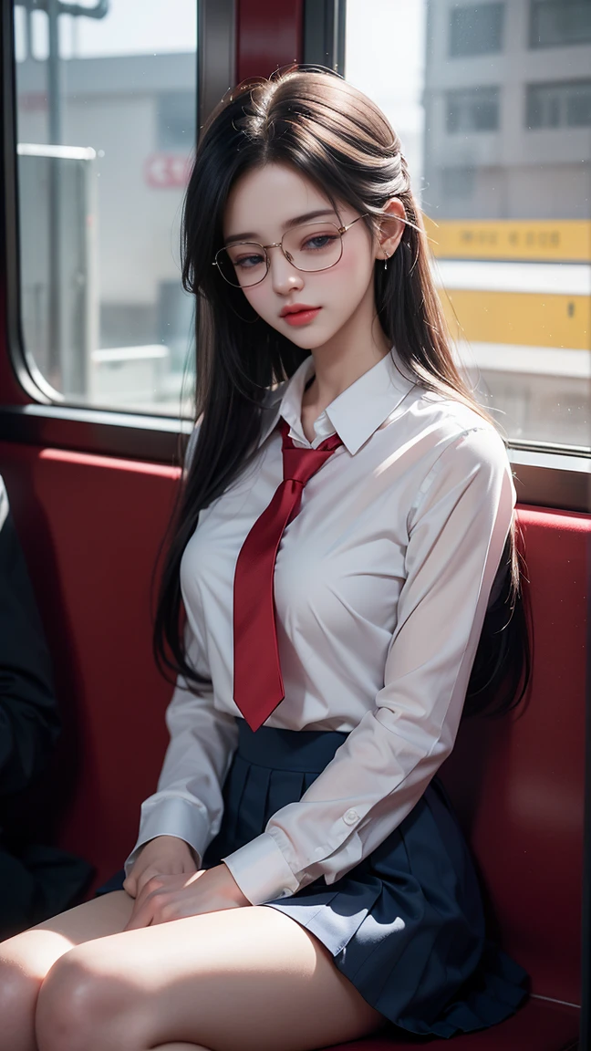 （Girl sitting on train seat)、Best quality work，Actual work，Ultra Premium Graphics，8K HD CG works，High quality graphics，High-definition CG works，10x pixels，Extremely fine detail：1.1，Advanced Technical Details：1.1 Photorealistic，Indoor lighting effects：1.5，Natural light：1.5. Light effects（virtual Light effects：1.8）,（Golden white short hair）、（Bob Hair）、（(Eyes closed)), Thin eyebrows，High nose, Nice red lips, Rose Cheeks, A face with subtle makeup , Cute face, perfectly balanced face，(girl in school uniform），A light-toned foundation enhances the clarity of your skin.，((High school girl on the train door))、,((White blouse、Red tie、Dark blue checked skirt)). 40k, photograph, Tabletop, highest quality, Rainy background, ((1 Gorgeous wet light haired girl with beautiful eyes, She has a beautiful face and wears glasses, )). White skin, Various poses.((Medium sized breasts,:1.1)), highest quality, Tabletop, Ultra-high resolution, (Realistic:1.4), RAWphotograph, (Perfect figure), (slim:1.3), Slim abdomen, Perfect slim figure, Dynamic Pose, alone, Cold light 12000K, Very detailed facial and skin texture, Fine grain, Realistic eyes, Beautiful fine grain, (Realistic Skin), Charm, 超A high resolution, Surreal, Very detailed,