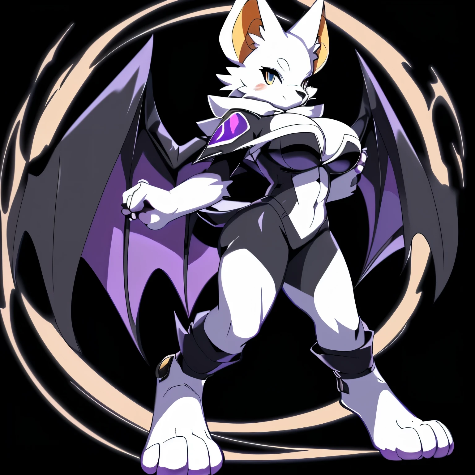 Anime, anime style, ((single person:2)), ((solo drawing:2)), ((solo:2)), ((three-quarter view)), ((Looking to the side)), ((sfw version:1.5)), ((female Anthro bat)), ((Tall with large breasts)), ((buxom figure)), ((short white fur)), ((Single Pair of Wings)), ((Huge Bat Wings)), ((Purple and black Bat Wings:1.5)), ((white bat ears)), ((white face)), ((neutral expression)), vivid golden eyes, ((digitigrade legs)), ((digitigrade feet)), ((solid black background)), highly detailed anime style, clean lines, white face, short white muzzle, white furry cheeks, white furry muzzle, ((white foot paws)), ((foot paws with four toes))
