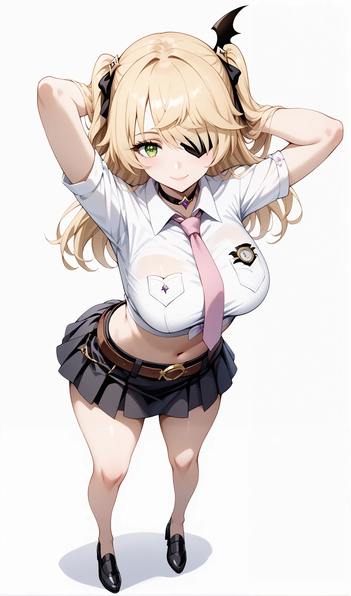 score_9, score_8_up, score_7_up, source_anime, 4K,perfect fingers,(perfect hands, perfect anatomy),prefect lighting, very aesthetic, intricate details,highly detailed background, masterpiece, high quality, best quality,
1girl,solo, fischl, fischl, long hair, bangs, blonde hair, ribbon, green eyes, hair ribbon, hair over one eye, two side up, eyepatch, large breasts,,
wearing ((choker,black choker,necktie,pink necktie, shirt,white shirt, collared shirt, crop top,crop top overhang, pocket watch, midriff, navel,belt,skirt, miniskirt, black skirt, )),,
looking at the spectator, filed, (arms behind head:1.5), high thigh individual , (large breasts:0.9),Stand up,((fullbody:1.5)),((White plain background:1.5)) ,smile,((top view:1.5)),leaning forward:1.3,looking at viewer,focos on ass,