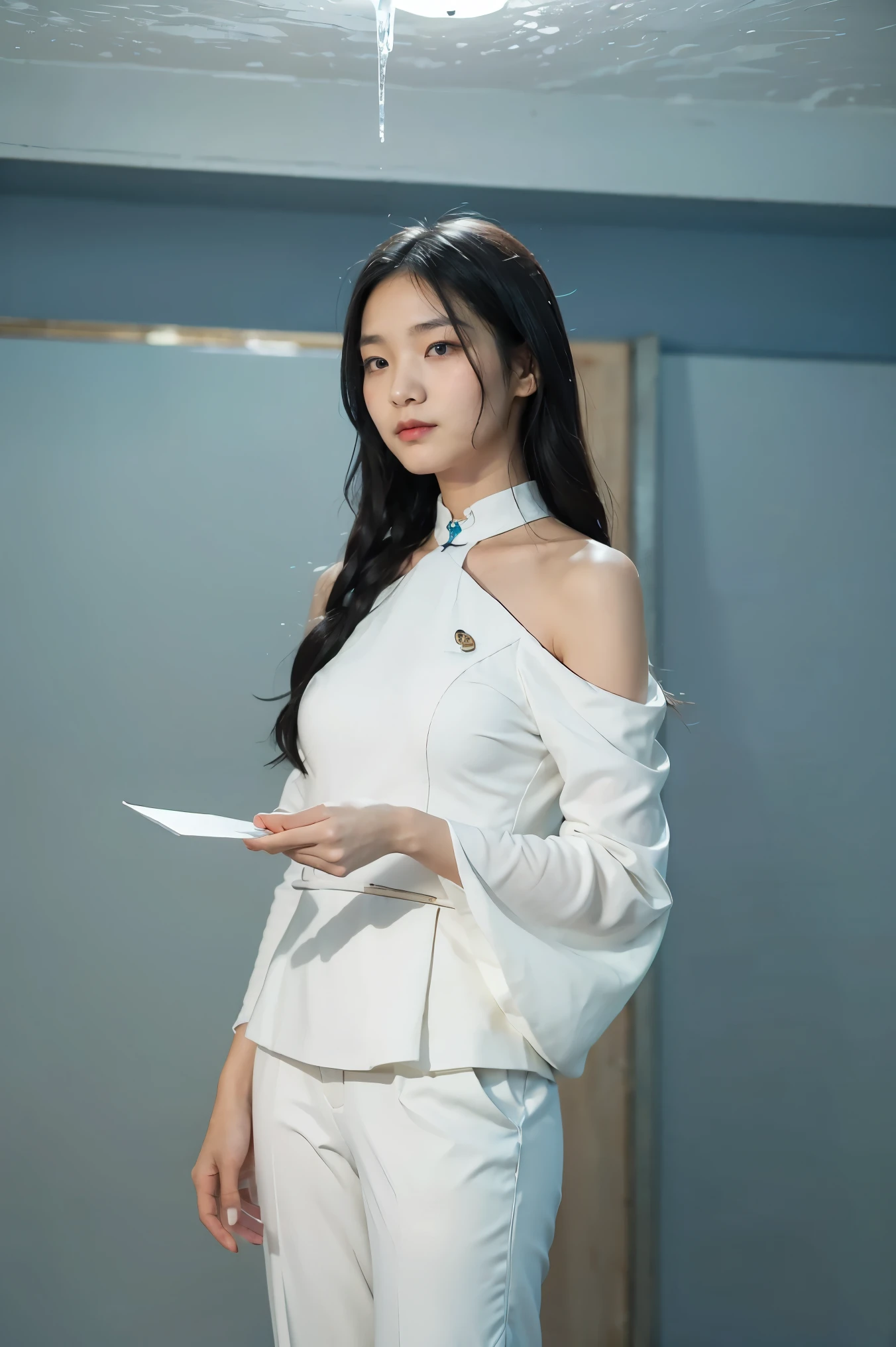 A petite and elegant woman in white suit with a calm, confident demeanor, standing approximately 5'2". She has shoulder-length black hair that flows gently around her face, almond-shaped eyes, and a soft, radiant complexion. She wears a sleek combat outfit ((white suit and trousers)), featuring icy blue and white tones that reflect her mastery of ice magic. Frost patterns adorn her sleeves and boots,Summoning sharp icicles in mid-air with her hands glowing in a frosty aura.