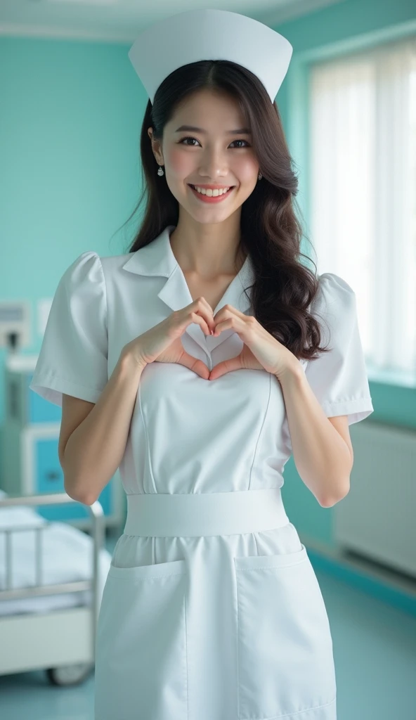(cowboy shot:1.2), smiling elegant slim asian woman, Japanese, wearing (((hud_scrbs, shirt, pants))), black hair, (heart,heart hands,:1.4), (modern hospital room), photo, 1girl, ultra high res, realistic photorealistic, ultra-detailed, finely detailed, high resolution, perfect dynamic composition, (perfect eyes), (detailed eyes), solid circle eyes, sparkling eyes, (clean eyes), anatomically correct, super detail, textured skin, extremely detailed face and eyes, detailed facial features, ((perfect face)), wide hips