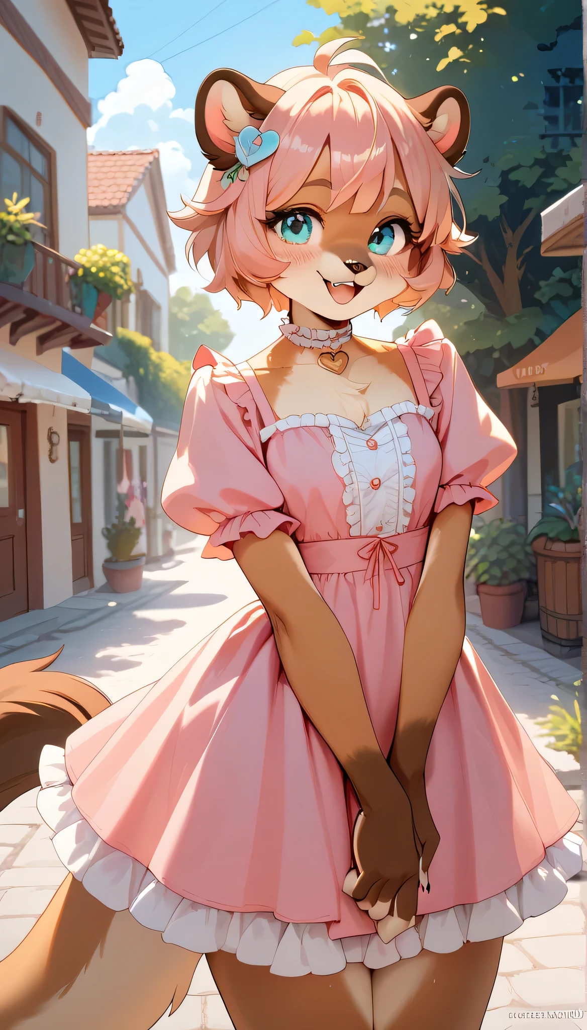1 girl, solo, furry, fox, cute face, ambient light, ultra detailed fur, volumetric light, orange hair, green eyes, wearing mini pink dress, cute tail in background