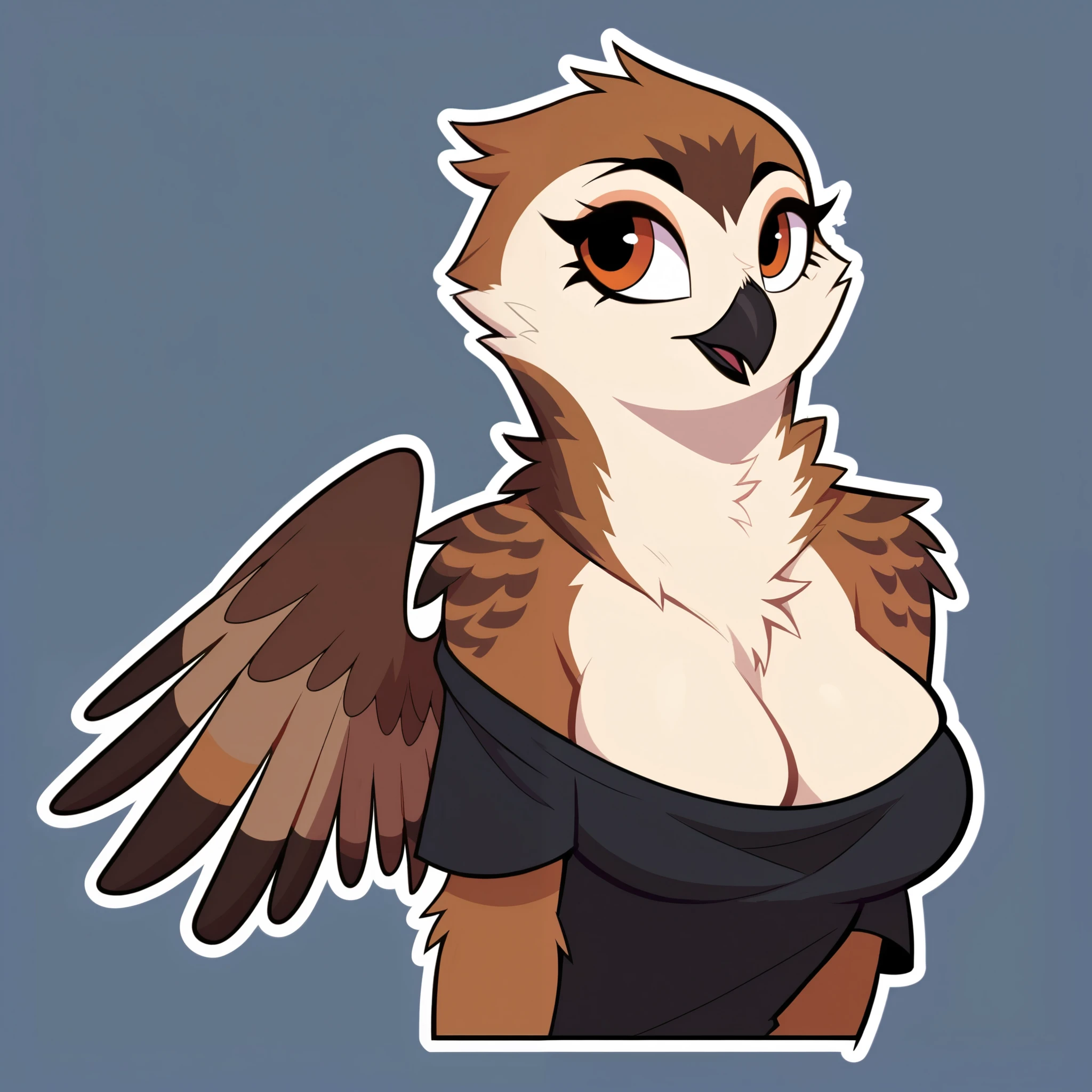 score_9, score_8, score_7, Cowboy Shot , Alone , beautiful, 2d, vector art, cartoon , ( white outline ), upper body, dynamic posture , telegramstickerxl , Simple background , 1 girl, nude, anthropo, hips, owl, Avian feathers , beak , soft coat, Brown body y negro, Brown body, curvilinear , sexy, big breasts, hips anchas, hair emo short black, full body, black sweatshirt