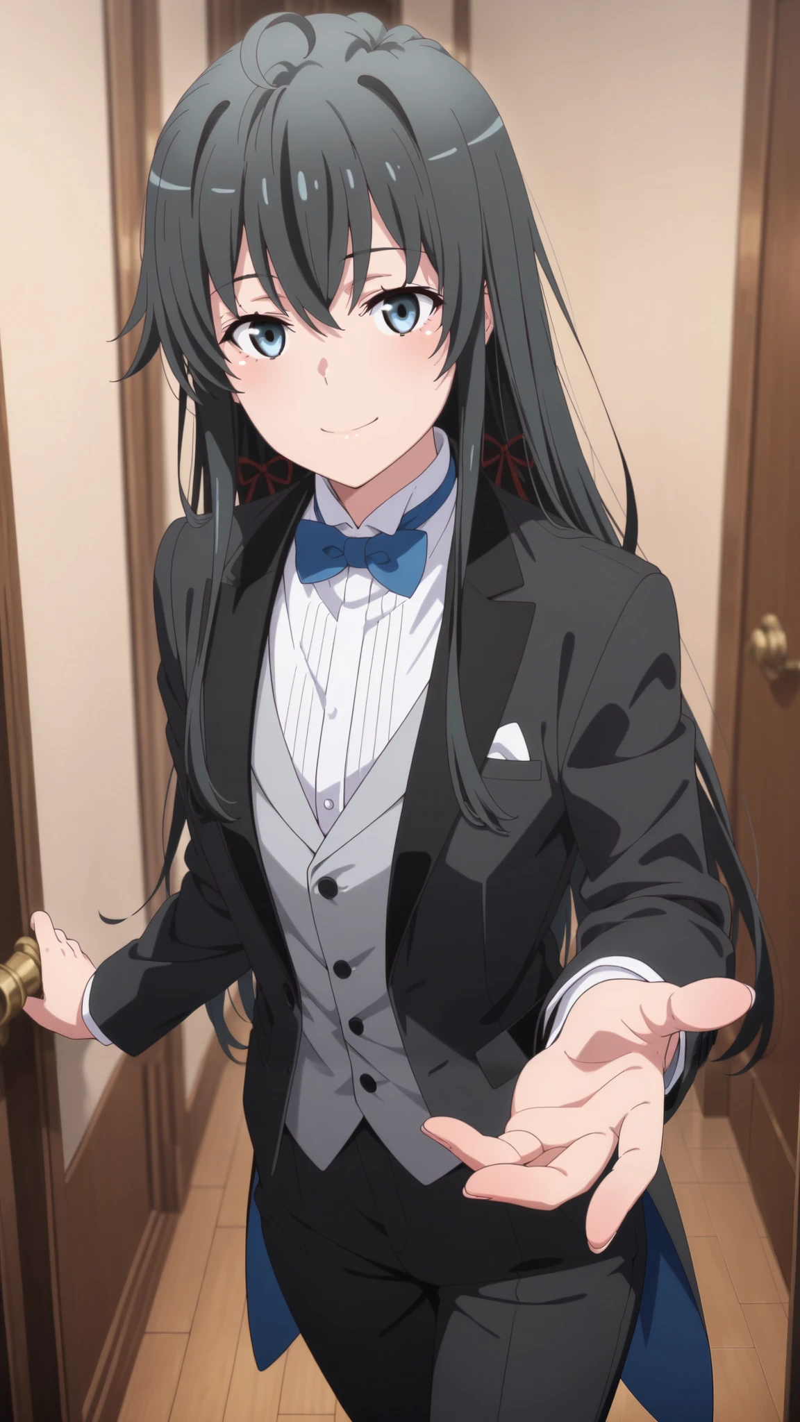 masterpiece,best quality,amazing quality, yukinoshita yukino, long hair, black hair, blue eyes, 1girl, solo,, suit tuxedo , , long hair, bangs, sidelocks, indoors, standing,happy,smile,looking at viewer, cowboy shot, blue tie woman in formal attractive suit tuxedo tailcoat standing in a large alcove in the room, , reaching towards viewer , , badass ,