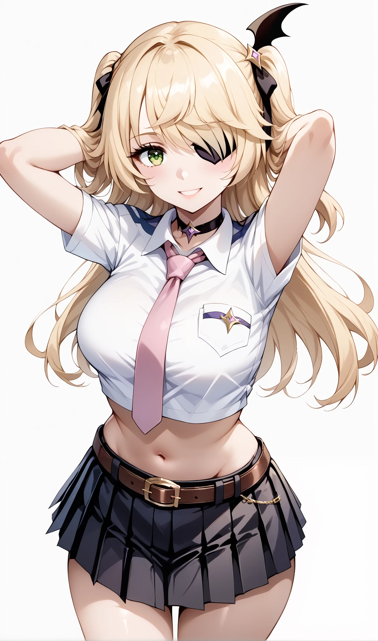 score_9, score_8_up, score_7_up, source_anime, 4K,perfect fingers,(perfect hands, perfect anatomy),prefect lighting, very aesthetic, intricate details,highly detailed background, masterpiece, high quality, best quality,
1girl,solo, fischl, fischl, long hair, bangs, blonde hair, ribbon, green eyes, hair ribbon, hair over one eye, two side up, eyepatch, large breasts,,
wearing ((choker,black choker,necktie,pink necktie, shirt,white shirt, collared shirt, crop top,crop top overhang, pocket watch, midriff, navel,belt,skirt, miniskirt, black skirt,pleated skirt, )),,
looking at the spectator, filed, (arms behind head:1.5), high thigh individual , (large breasts:0.9),Stand up,((fullbody:1.5)),((White plain background:1.5)) ,smile,((top view:1.5)),leaning forward:1.3,looking at viewer,focos on ass,