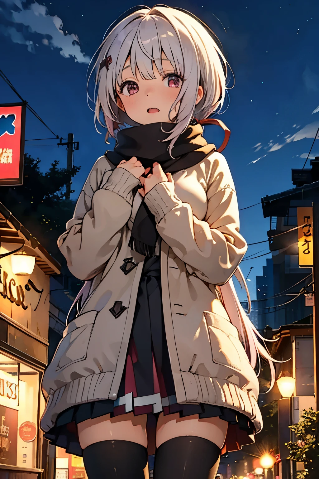 A girl is putting her hand on her chest,Masterpiece,  best quality ,  high resolution, Yuika Shiina,  very long hair that gives off a bow,  gradation hair ,  pink hair , Gray Hair,  low ponytail,  hair ribbon,  hair clips, brown winter coat,  muffler , Black short skirt, tights, Cowboy Shooting ,station,Standing,  in front of the store
