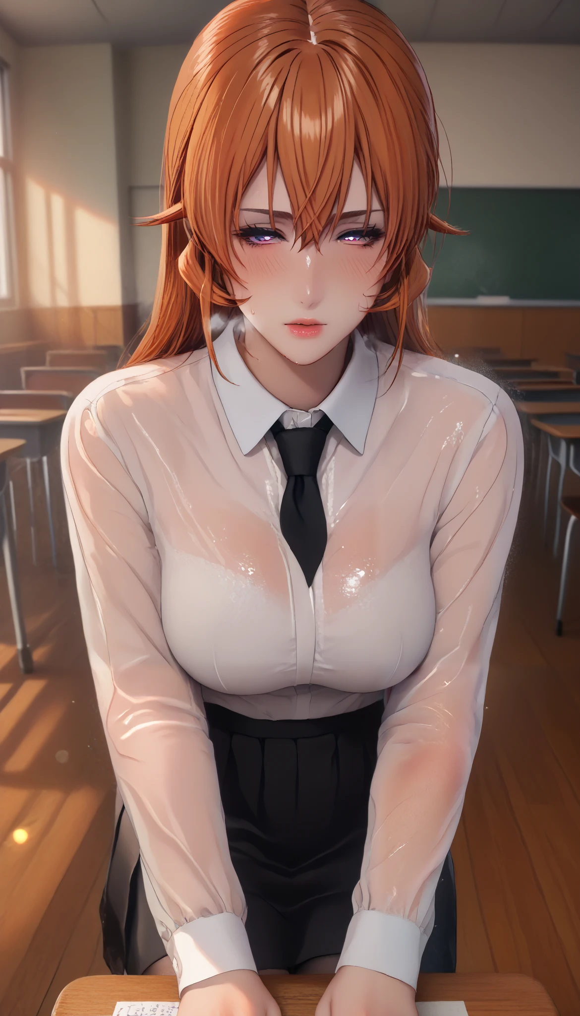 score_9, score_8_up, score_7_up, uncensored, source_anime, erina nakiri, long hair, orange hair, purple eyes, hair between eyes, anime coloring, anime screencap, shiny skin, (voluptuous:1.3), (thick:1.3), BREAK UHD, retina, masterpiece, accurate, anatomically correct, textured skin, super detail, high details, high quality, award winning, best quality, highres, 4K, black nails, makeup, eyelashes, excessive sweating, sweating, sweating drop, (gasping, heavy breathing:1.3), (skindentation:1.2), perfect eyes, beautiful eyes, eyelashes, makeup, detailed body, perfect body, BREAK, big ass, big breasts, ((miniskirt)), white shirt, black necktie, skirt, black skirt, black nails, makeup, eyelashes, shaded face, blush, horny, sexy, front view, huge lips, stockings, classroom, day, indoors, lens flare, school chair, school desk, valentine, window, wooden floor, half-closed eyes, blush face,