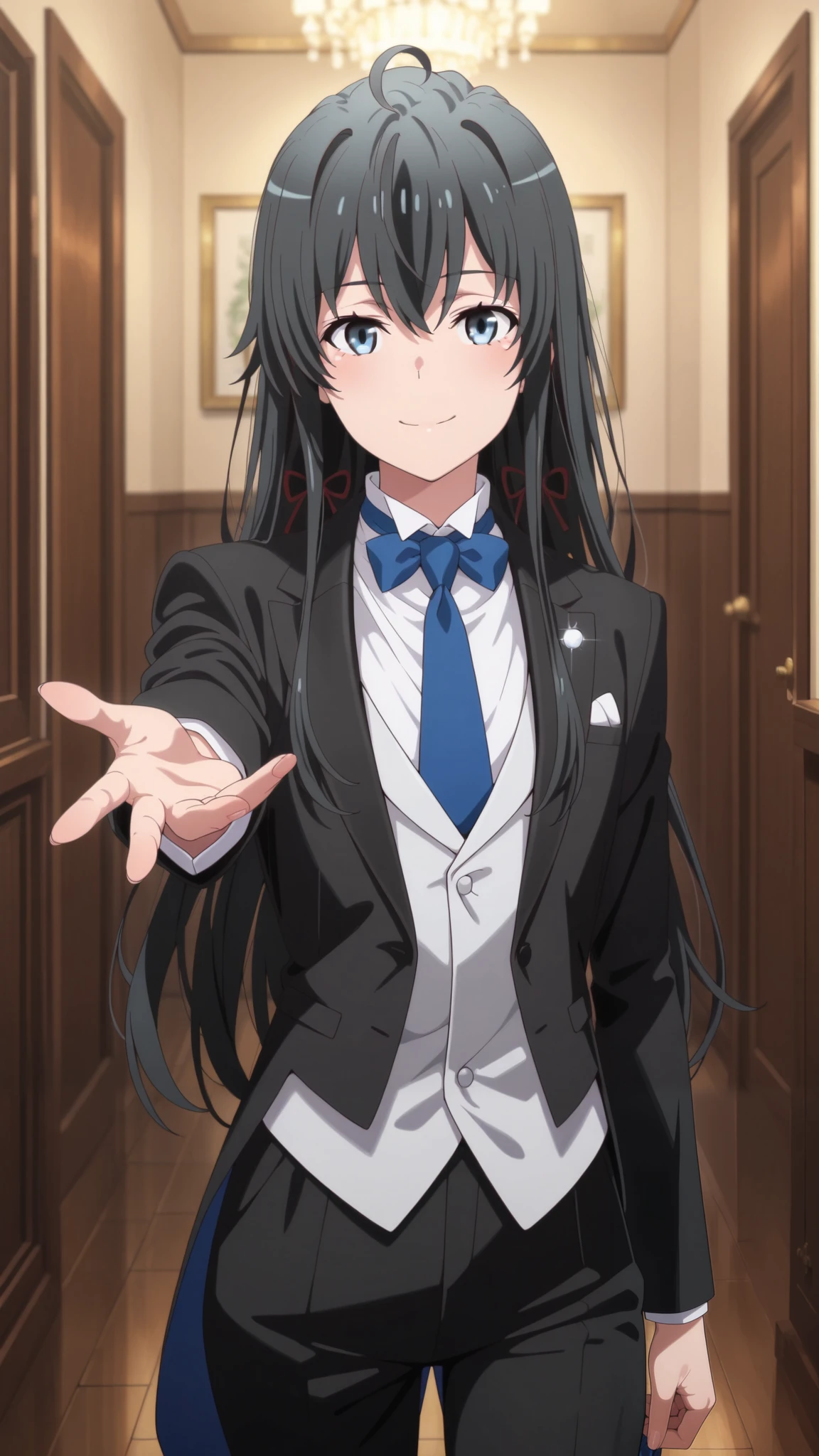 masterpiece,best quality,amazing quality, yukinoshita yukino, long hair, black hair, blue eyes, 1girl, solo,, suit tuxedo , , long hair, bangs, sidelocks, indoors, standing,happy,smile,looking at viewer, cowboy shot, blue tie woman in formal attractive suit tuxedo tailcoat standing in a large alcove in the room, , reaching towards viewer , , badass ,