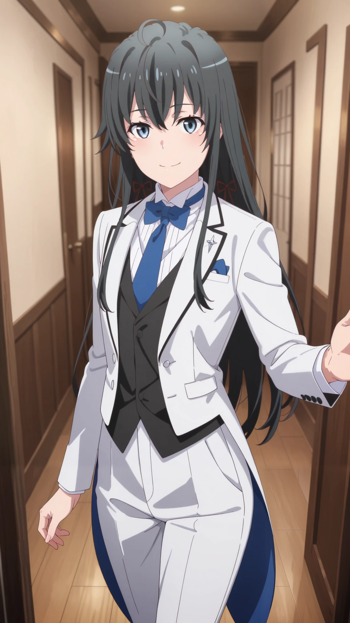 masterpiece,best quality,amazing quality, yukinoshita yukino, long hair, black hair, blue eyes, 1girl, solo,, suit tuxedo , , long hair, bangs, sidelocks, indoors, standing,happy,smile,looking at viewer, cowboy shot, blue tie woman in formal attractive suit tuxedo tailcoat standing in a large alcove in the room, , reaching towards viewer , , badass ,