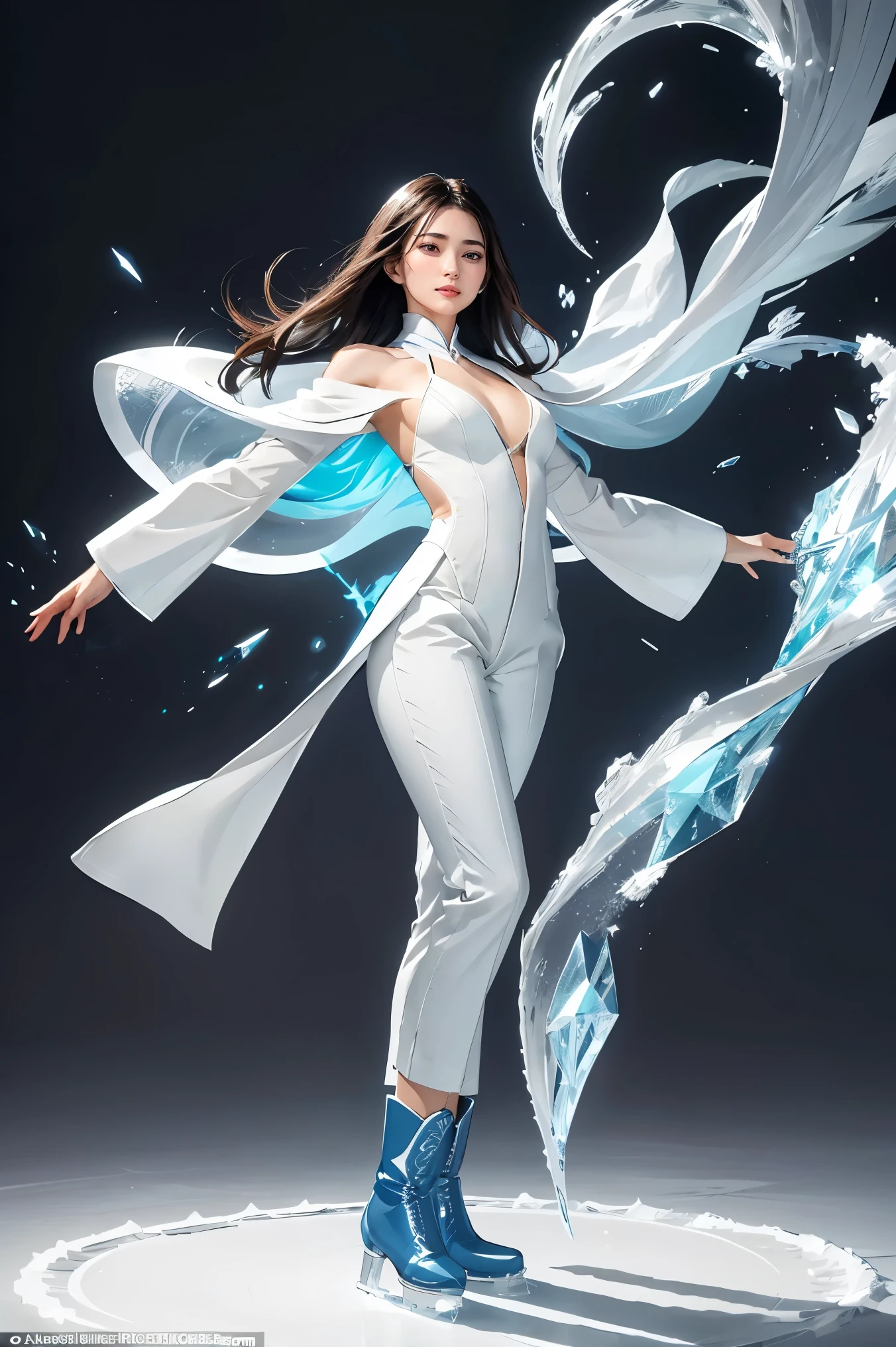 A petite and elegant woman in white suit with a calm, confident demeanor, standing approximately 5'2". She has shoulder-length black hair that flows gently around her face, almond-shaped eyes, and a soft, radiant complexion. She wears a sleek combat outfit ((white suit and trousers)), featuring icy blue and white tones that reflect her mastery of ice magic. Frost patterns adorn her sleeves and boots,Summoning sharp icicles in mid-air with her hands glowing in a frosty aura.