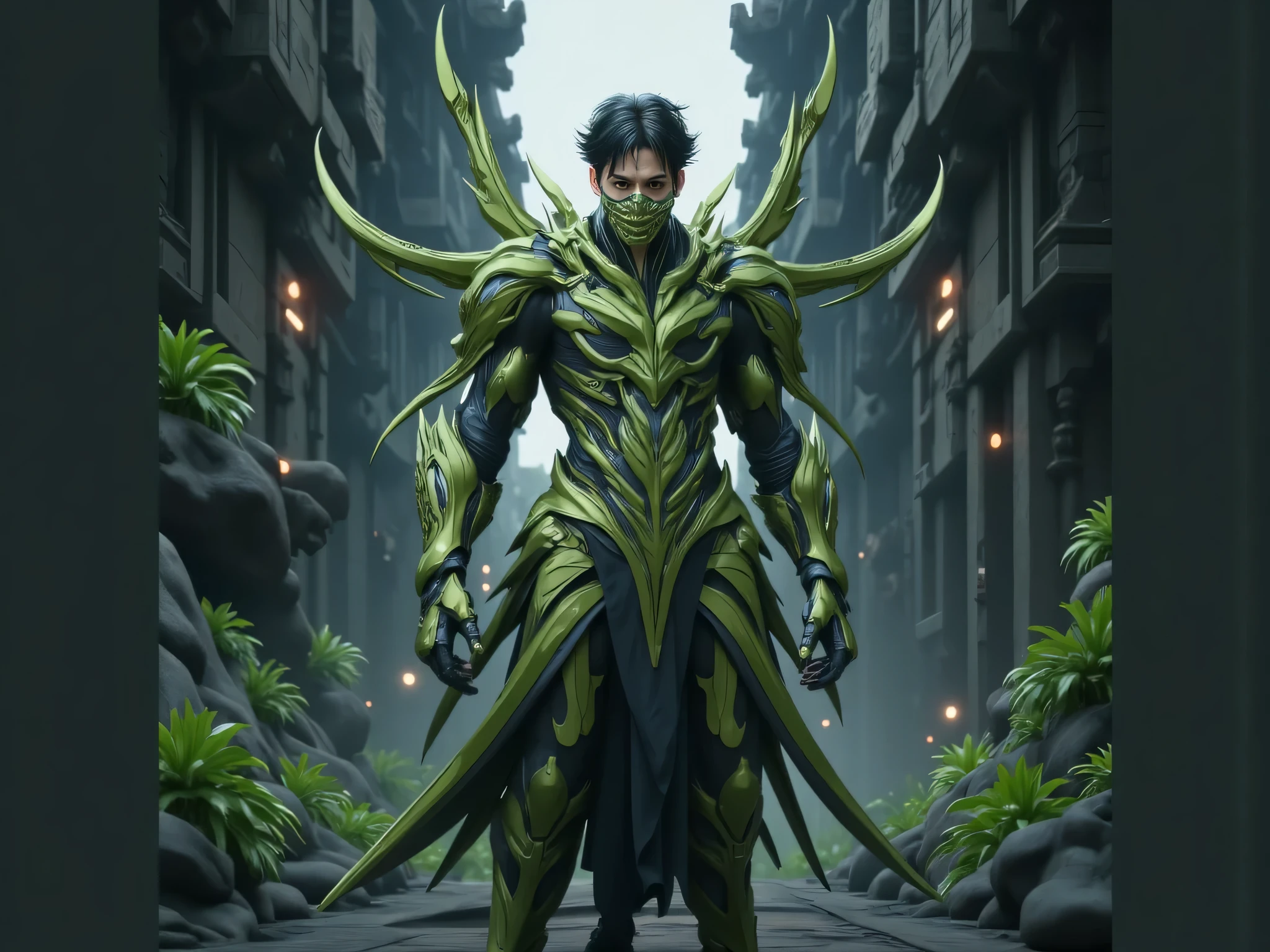 Ramayana armor, sci-fi, there are multi-colored marbles in a circle behind, Dark green armor, Thailand, sci-fi, cinematic, sharp armor, thin armor, steel armor, ancient fantasy, Ravana on blench armor, man wearing a face mask