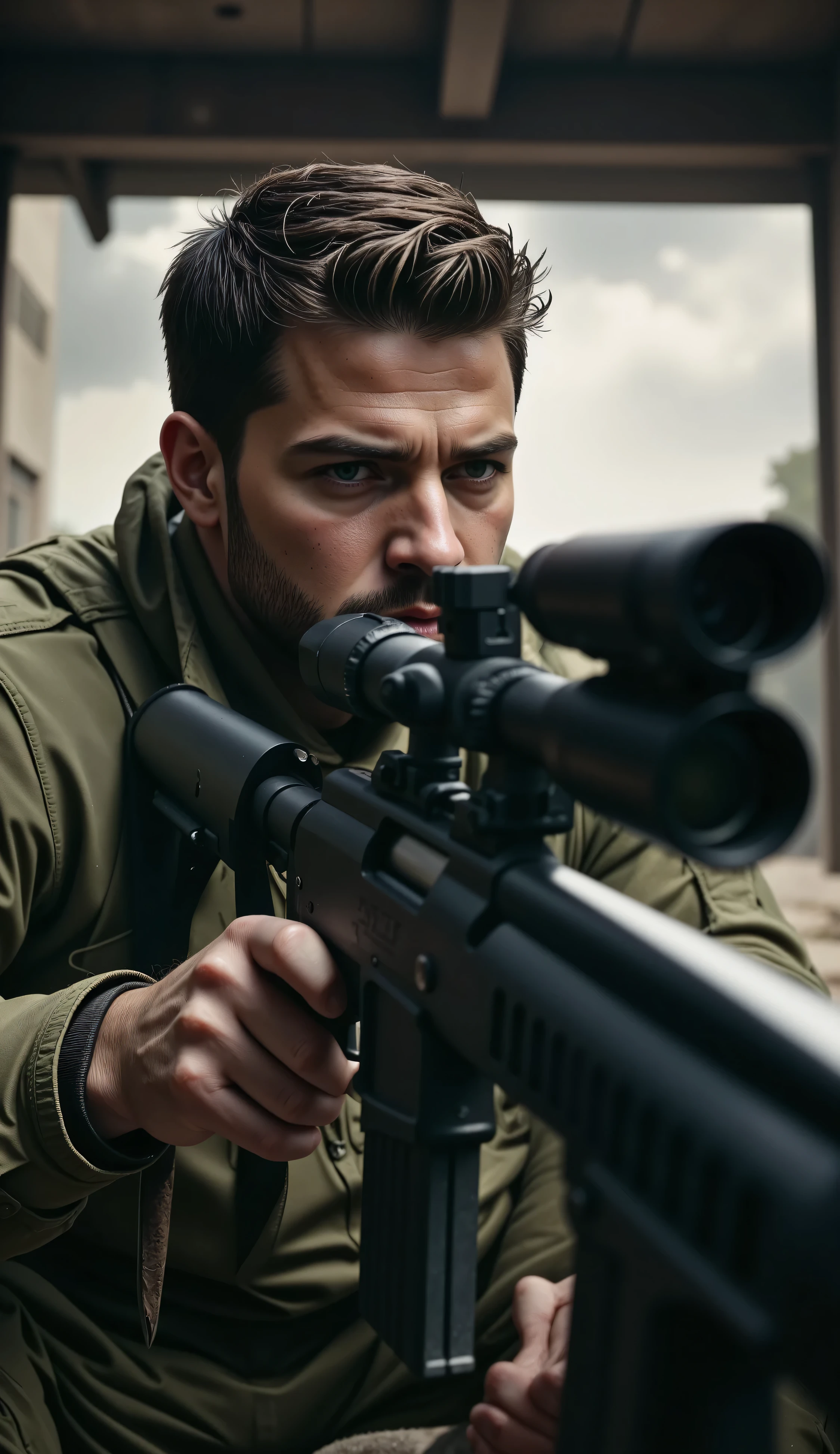   Image of the lens of a sniper looking at his victim.:1.5,    A sniper pointing at the victim   ,   first-person view of the phone   , as in video games  , detailed portrait,  realistic  military uniform, Highly detailed appearance,   detailed facial features  ,  gritty urban environment ,   cinematic lighting  ,   muted color palette  ,   dramatic shadows  , photo realistic  ( envelopes , 4k, 8K,   High resolution,   masterpiece: 1.2),   thigh strap  , ( realistic , photo realistic , photo realistic : 1.37)   Expected consumption  