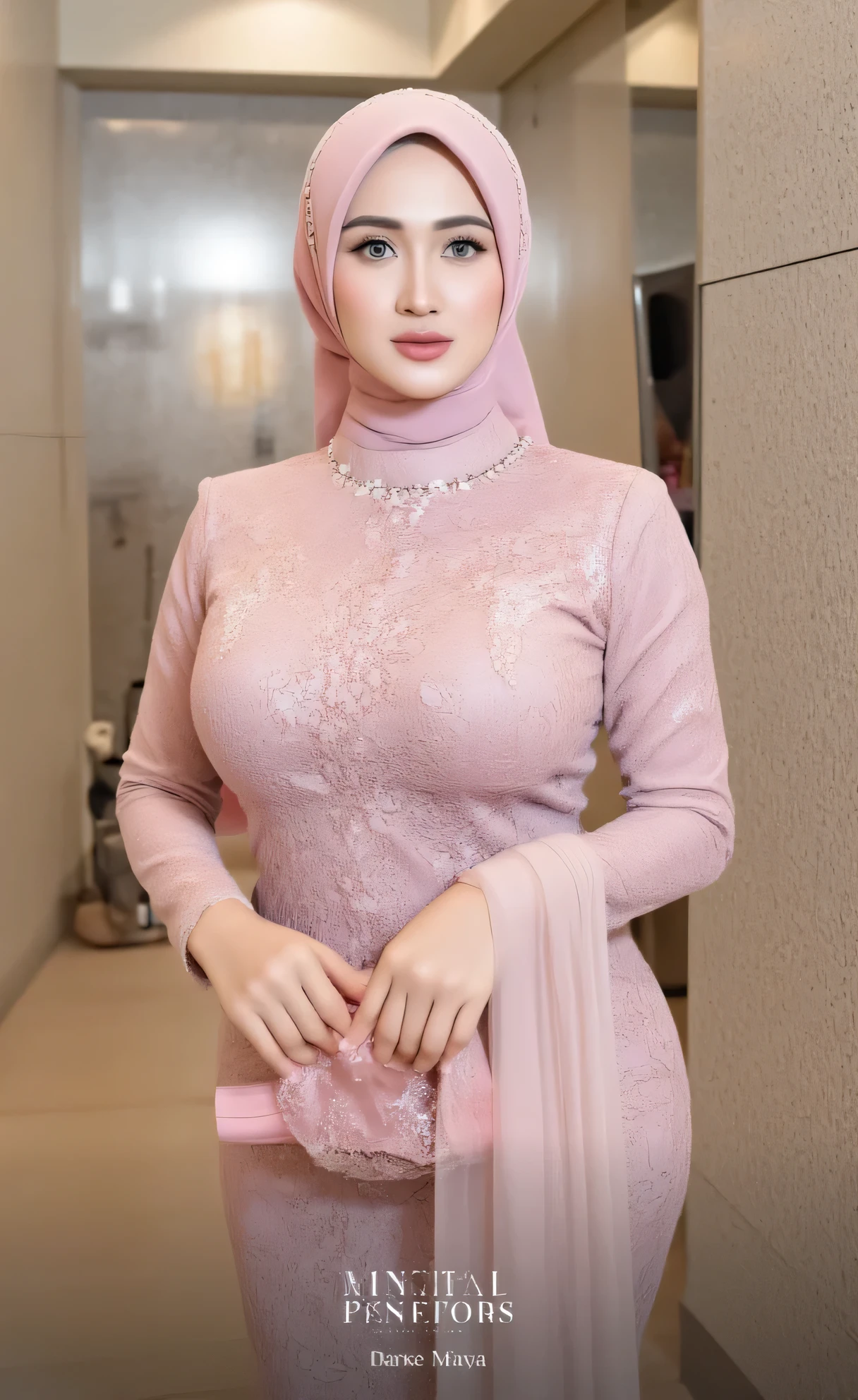 4k, masterpiece, best high quality, ultra-detailed, (ultra realistic:1.3), (clean photo:1.2), (ultra high resuliton:1.3), (soft lighting:1.2), (perfect image coloring), (bright lighting:1.2), photo portrait,  1 mature, indonesian mature wife, aged 40 years, huge breasts, chest forward, seductive and beautiful face, mom body, wearing hijab muslimah, wearing kebaya, mall changing room background, full body shot, seductive pose, hands holding panties