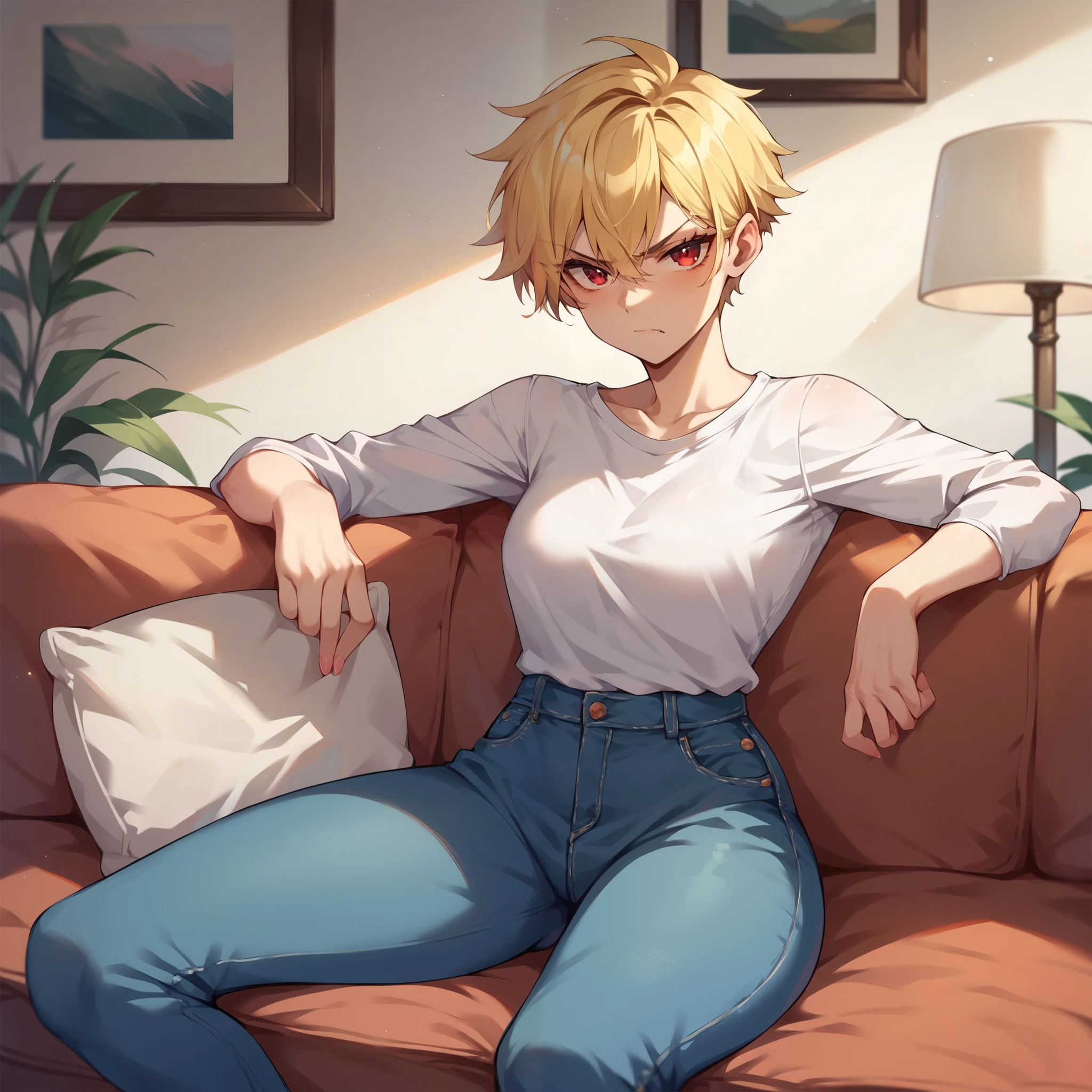 (highres, best quality:1.2), intricate details, vibrant image, sharpness, colorful, bakumilf, solo, mature female, spiky hair, blonde hair, tank top, jeans, sitting on a sofa