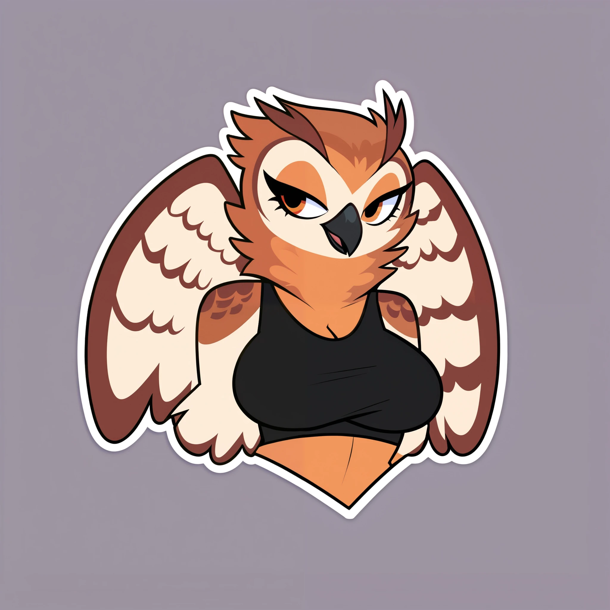 score_9, score_8, score_7, Cowboy Shot , Alone , beautiful, 2d, vector art, cartoon , ( white outline ), upper body, dynamic posture , telegramstickerxl , Simple background , a girl, nude, anthropomorphic, hips, owl, bird feathers , beak , , brown body y negro, brown body, with no straight line , sexy, big breasts, hips anchas, short black emo hair , full body, black sweatshirt