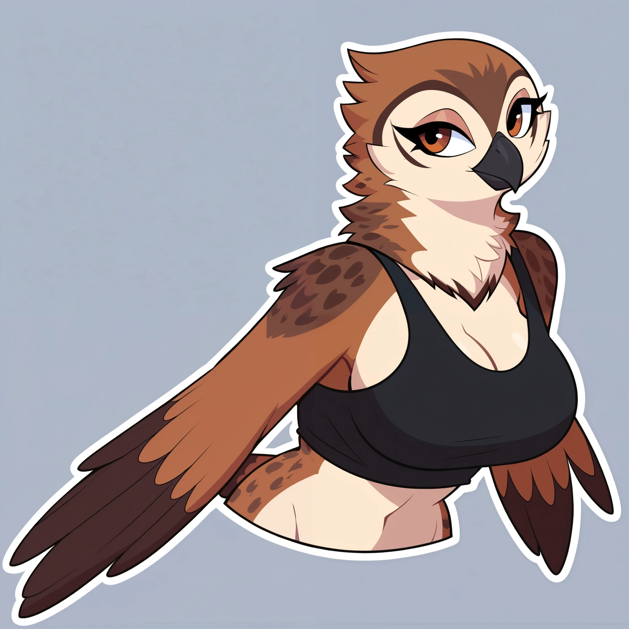   score_9,   score_8,   score_7,   Cowboy Shot  , Alone ,  beautiful, 2d, vector art,   cartoon  , (    white outline  ),   upper body,   dynamic posture  ,  telegramstickerxl  ,   Simple background  ,  a girl,   nude, anthropomorphic, hips, owl,  bird feathers   , beak  ,  , brown body y negro, brown body,   with no straight line  , sexy,   big breasts, hips anchas, short black emo hair ,   full body,   black sweatshirt  