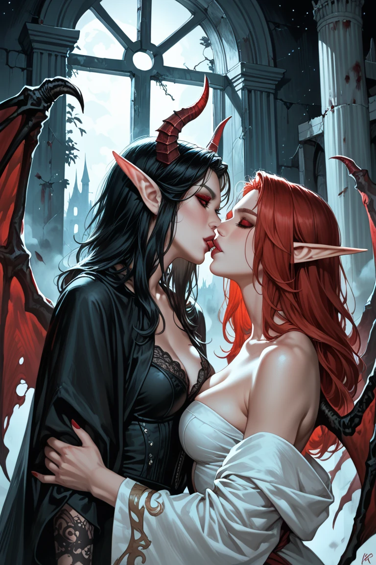 (masterpiece, top quality, best quality, official art, beautiful and aesthetic:1.2), (2 beautiful sexy ((Succubus demon girls kissing)), cowboy shot, extremely detailed, (fractal art:1.3), colorful, highest detail, ((nsfw, naked)) ((cinematic lighting))