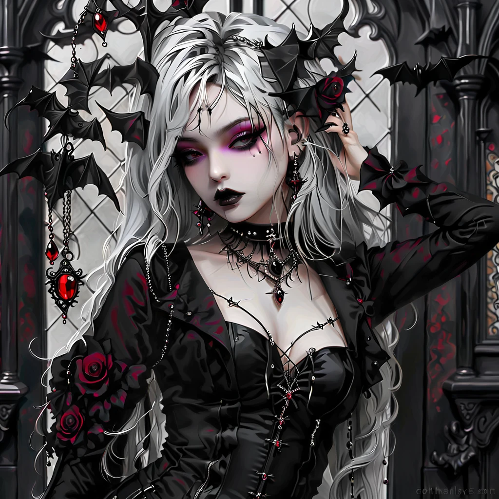 (best quality,highres),dark and mysterious,gothic art style,red and black color palette,dramatic lighting,an eerie garden setting,glimmering moonlight,delicate lace details,detailed engravings on the earrings and piercing,roses and thorns intertwined,female, pale skin, vibrant red lipstick, (white hair, long flowing hair, straight hair), red eyes, vampire, sharp fangs,playful expression,tattoos on her arms and neck,spider web motifs in the background