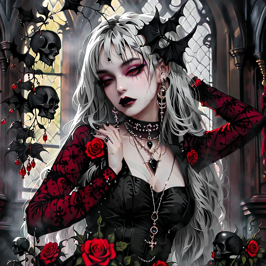 um close up de uma mulher com longos cabelos brancos e um vestido preto, she is the queen of black roses, gothic aesthetic, gothic horror vibes, an elegant gothic princess, gothic romance, gothic maiden, Gothic fantasy art, no estilo da arte da fantasia sombria, ominous gothic aesthetic, rainha vampira bonita, Fantasia sombria misturada com realismo, arte de estilo fantasia escura, moda vampiro