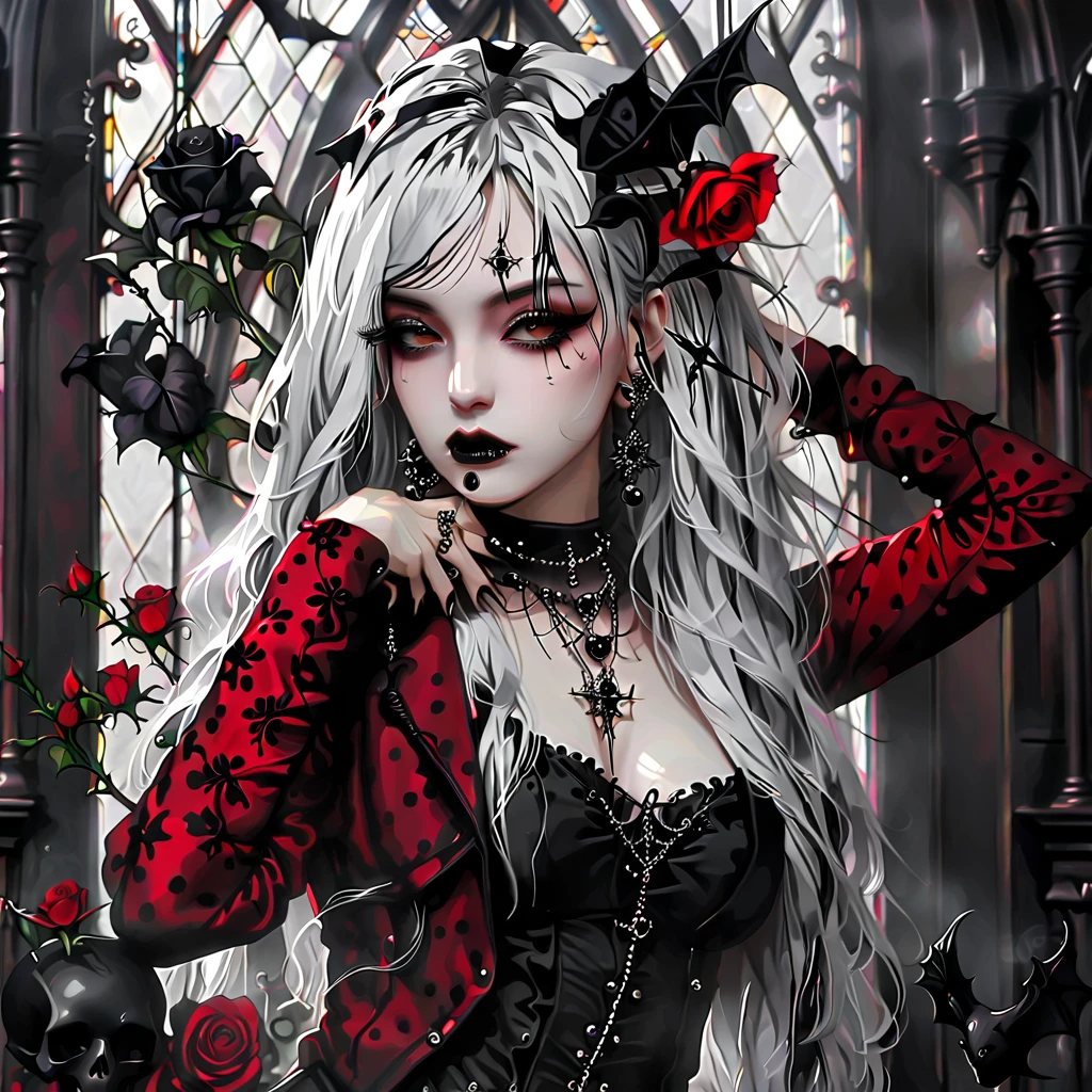 Masterpiece, Best Quality, Super Realistic, Beautiful Sexy 1 Vampire Girl, Solo, White Skin, Transparent Sexy Clothes, Beautiful Red Glowing Eyes, Long Hair, Haughty Sexy Look, Clothes Stained with Blood, Hair Decorated with Red Flowers, Unusual Camera Angle, Background Beautiful Gothic Room in the Castle, Moonlight Illuminates the Figure and Hair