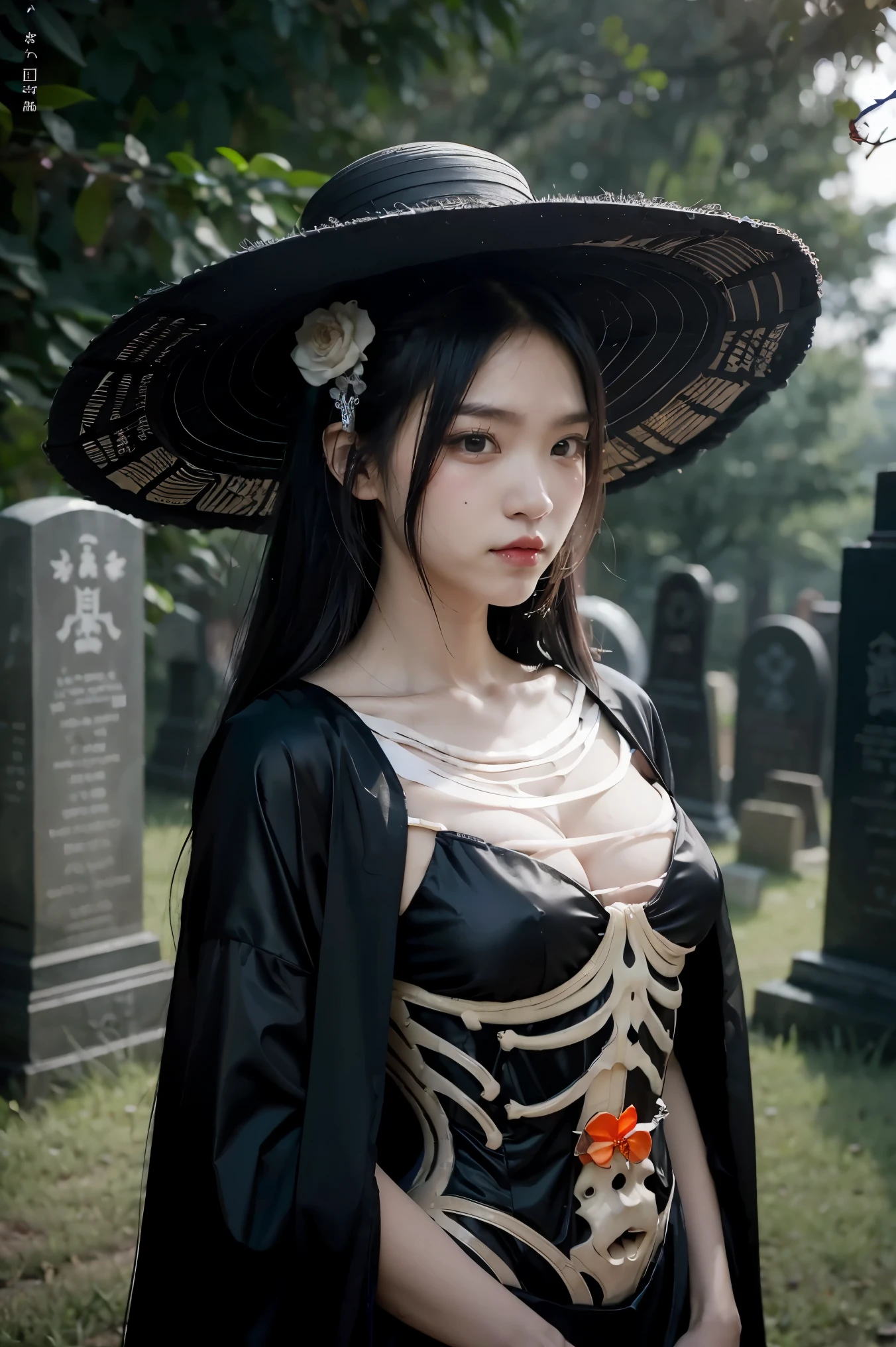 "A Gothic geisha, Rainha do funeral, Deusa dos mortos, senhora sobmundo, consorte da morte, Femme fatale, of flowing hair, olhos brancos, fleshy lips (Batom Preto) seios fartos, pesa sedoso, coxas grossas, wearing a gothic makeup (Santa Muerte), and a sexy black gothic kimono with white lotus flowers, poses in a cemetery at night ((de noite, Escuro)) full of tombstones, and behind her a gigantic full moon shines illuminating at night."