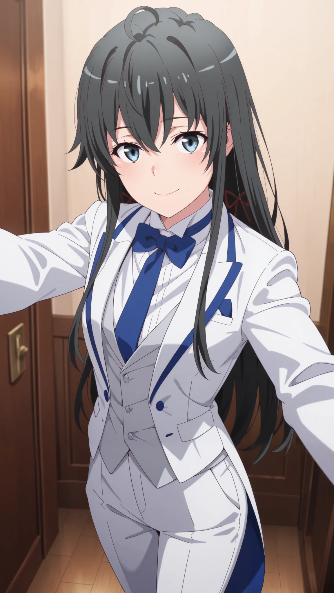 [[hand_kissing:1.8]],masterpiece,best quality,amazing quality, yukinoshita yukino, long hair, black hair, blue eyes, 1girl, solo,, suit tuxedo , , long hair, bangs, sidelocks, indoors, standing,happy,smile,looking at viewer, cowboy shot, blue tie woman in formal attractive suit tuxedo tailcoat standing in a large alcove in the room, , reaching towards viewer , , badass ,
