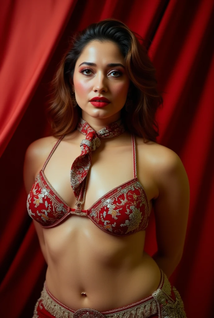 night scene, extreme close up photo of naked kiara from top view, curvy, hourglass figure, swooping breasts, armpits, very light skin , seductive eyes, look at viewer and subtle smile, bedroom , necklace, bikini red lips, sultry, , (cinematic:1.3), intricate details, (ArtStation:1.2)