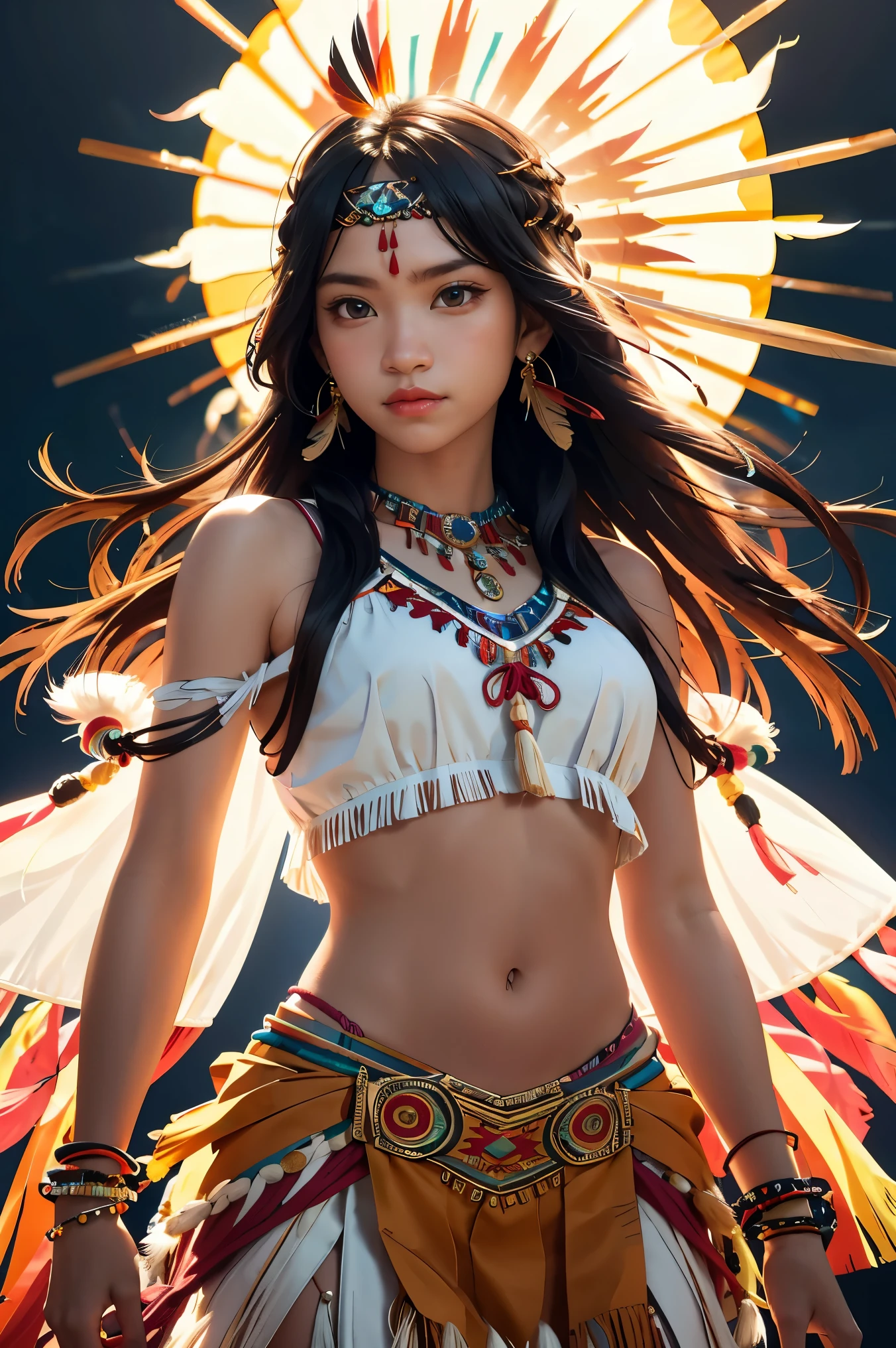 Native American beauty in dance poses, luxurious leather ponchos embroidered with intricate embroidery, flowing tulle, feather hair ornaments, war bonnet, tattoo, brown skin, Indian jewelry, Native American pattern, transparent and long colorful ubert on arms, navel ribbons, shoulders, necks, arm ring ribbons, wreaths, bracelets, anklets, Metal chain tassel around waist, sun god background, ink wash, popular CGSTATION, masterpiece, recent quality, high resolution details, 32K