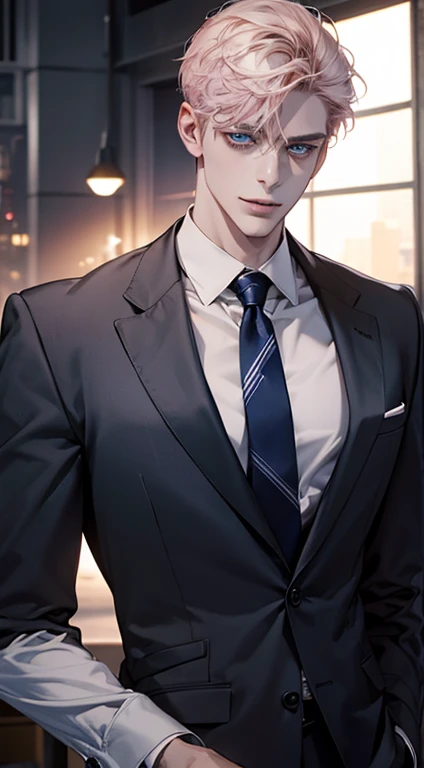 ( best quality,4K,8k, highres, masterpiece :1.2), Ultra-detailed,(realistic,photorealistic,photo-realistic:1.37),1 man,31 years old, Mature man,Very beautiful, expressionless ,to smile,Grey-pink short hair , blue eyes, look ,perfect face without mistakes, stately posture ,businessperson, office environment , cinematographic lighting,HDR image