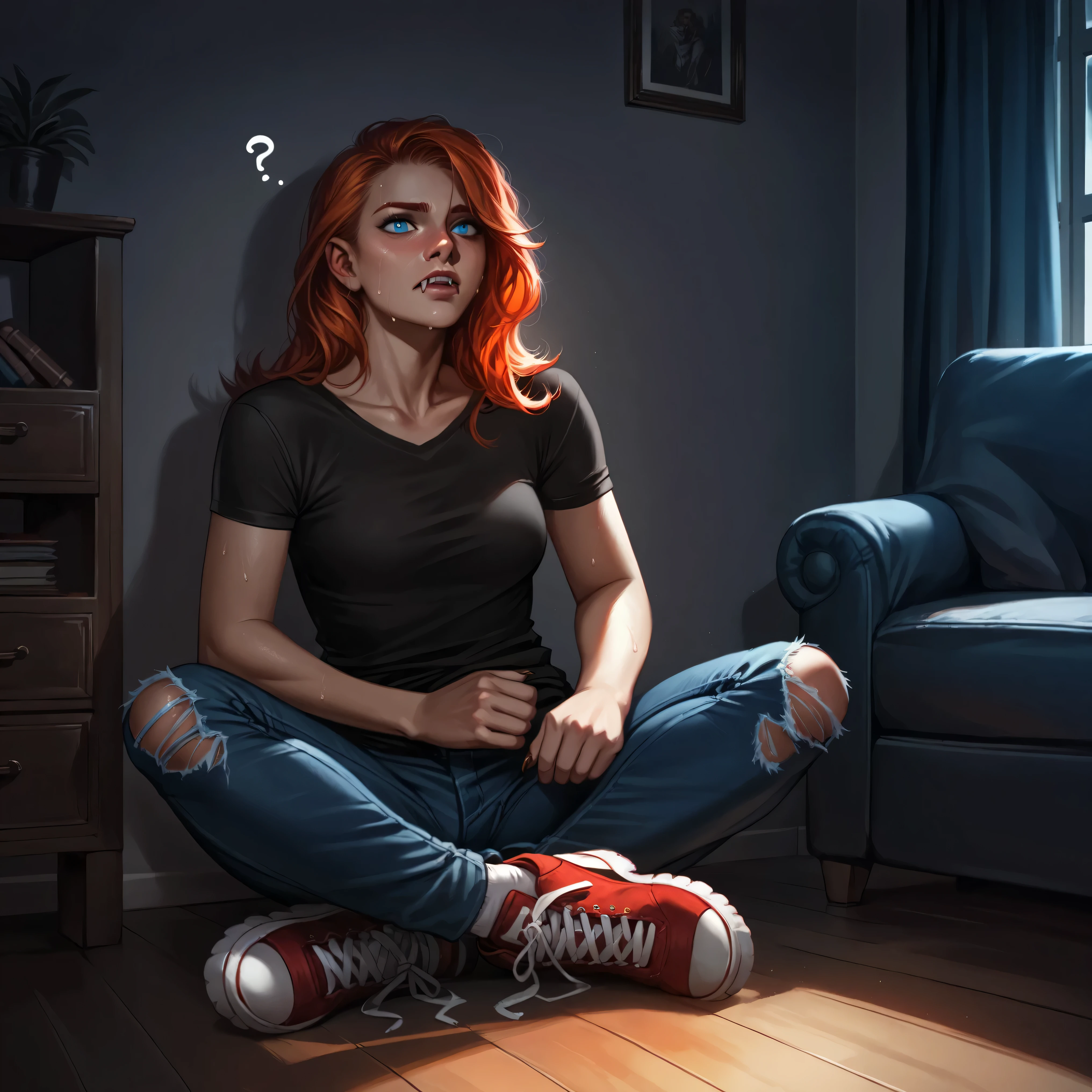human, human face:0.8, female morfing into dragon, blue eyes, sitting at floor, beautiful face, dragon nose:1.2, ginger hair, black t-shirt, blue jeans, shoes, torn tight casual clothes, [female: dragon: 0.5], gradual red and orange scales:1.1, brown claws, little fangs, sweating, puzzled, confused, exhausted, sick, in pain, living room, against a wall, darkness, night,(realistic, super realistic, deep shades, dramatic light, glimpse of light, old photo, 4k, 8k, ultra detailed, masterpiece)