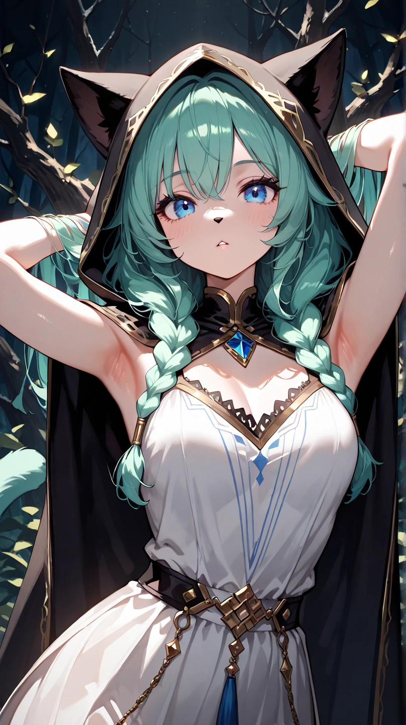 Elegant woman with cool red-purple, perfect eyes, detailed eyes, heterochromia eyes, (top quality, 8k, high, masterpiece), highly detailed facial features, intricate details, natural lighting, warm color, soft focus, shawl covering body, long green hair, detailed hair, adult female, big breasts.