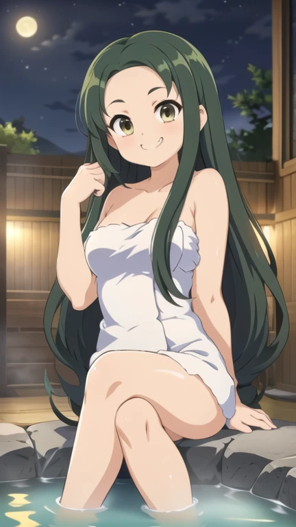 bofuri-may, casual swimsuit, long hair, black hair, two-tone hair, green eyes, hair ribbon, brown eyes, collarbone, full body, solo, 1girl, outdoors <lora:bofuri-may-000007:0.7>
