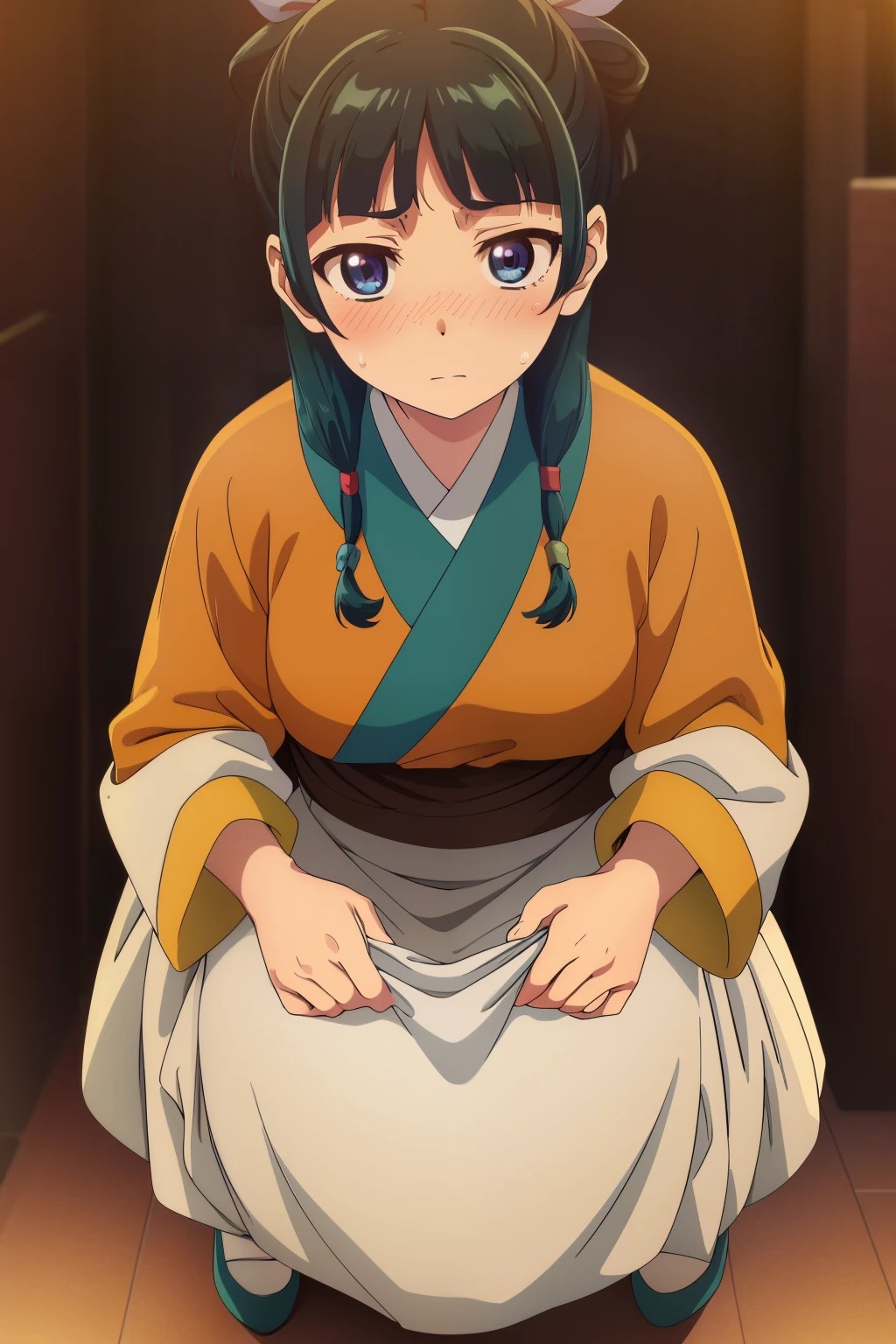 wariza,tartan,(feeling of disgust,Grimace,sweat drop,Shaded face)
Maomao,1girl in,Blunt bangs,Green hair,Long hair,Blue eyes,Solo,
Seian,Hanfu,side locks,Twin braids,hair over shoulder,hair beads,half updo,Single hair bun,Hair Ribbon,Blue Ribbon,freckle,Orange kimono,White sleeves,Layered sleeves,short over long sleeves,White skirt,Long skirt,Brown sash,shoes,, Exquisite visuals, hight resolution,masutepiece,Best Quality,, 18year old,infp young woman,Beautiful fingers,Beautiful long legs,Beautiful body,Beautiful nose,Beautiful character design, Perfect eyes, Perfect face,Expressive eyes,
Official art,the Extremely Detailed CG Unity 8K Wallpapers, Perfect Lighting,Colorful, Bright_front_Face_Lighting,Shiny skin, 、swim wears、huge tit、Raw feet
(masutepiece:1.0),(best_quality:1.0), 超A high resolution,4K,Ultra-detailed,
Photography, 8K, nffsw, hight resolution, absurderes:1.2, Kodak Portra 400, Film grain, Blurry background, Bokeh:1.2, Lens Flare, (Vibrant_Color:1.2), (Beautiful_Face:1.5),(narrow_waist), ,NSFW,