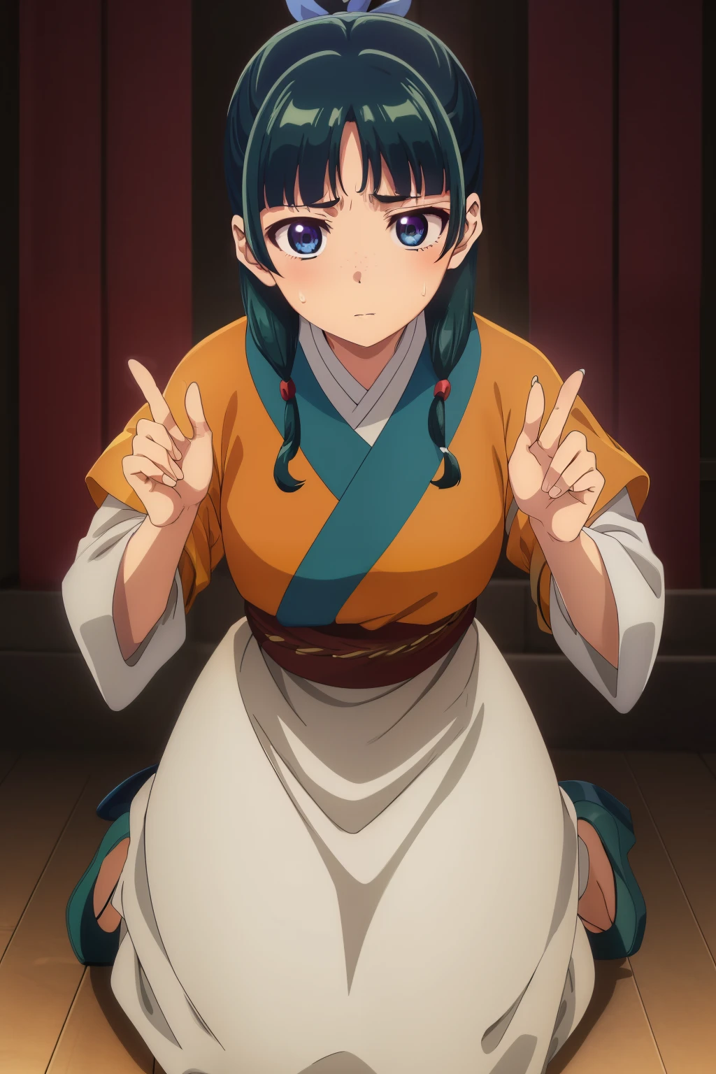 wariza,tartan,(feeling of disgust,Grimace,sweat drop,Shaded face)
Maomao,1girl in,Blunt bangs,Green hair,Long hair,Blue eyes,Solo,
Seian,Hanfu,side locks,Twin braids,hair over shoulder,hair beads,half updo,Single hair bun,Hair Ribbon,Blue Ribbon,freckle,Orange kimono,White sleeves,Layered sleeves,short over long sleeves,White skirt,Long skirt,Brown sash,shoes,, Exquisite visuals, hight resolution,masutepiece,Best Quality,, 18year old,infp young woman,Beautiful fingers,Beautiful long legs,Beautiful body,Beautiful nose,Beautiful character design, Perfect eyes, Perfect face,Expressive eyes,
Official art,the Extremely Detailed CG Unity 8K Wallpapers, Perfect Lighting,Colorful, Bright_front_Face_Lighting,Shiny skin, 、swim wears、huge tit、Raw feet
(masutepiece:1.0),(best_quality:1.0), 超A high resolution,4K,Ultra-detailed,
Photography, 8K, nffsw, hight resolution, absurderes:1.2, Kodak Portra 400, Film grain, Blurry background, Bokeh:1.2, Lens Flare, (Vibrant_Color:1.2), (Beautiful_Face:1.5),(narrow_waist), ,NSFW,
