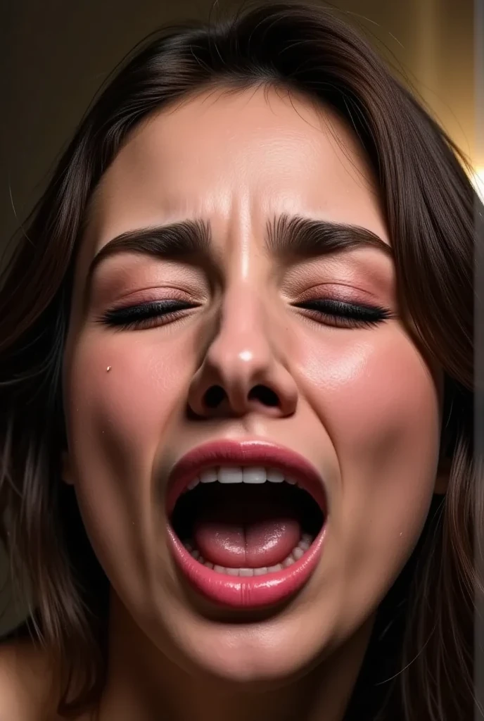Professional Lighting ,(((55years old small breasted tall nasty bitch from U.S.A:1.0))),Lights from the front, ((sharp focus:1.2)), (pureerosface_v1:0.7), (8K, top-quality), Detailed finger, ((small breasted woman,Body glistening with sweat:1.0)), (flat-colors:0.9),(colourfull:1.1), top-quality,(top-quality,high resolution,masterpiece:1.3),((the most beautiful actress in 1960s with dark gorgeous disheveled hair:1.1)),((sensual red fat lips:1.2)),((closed eyes:0.9)),((Pained look:1.3))((screaming from ecstasy:1.3))((nsfw:1.1))((look upward:1.0)) ((droopy eyes:1.3))((sensually climax face with excited prominent nose and big mouth wide open:1.3))((almost fainted:0.9))((sensual Sloppy body:1.2))(((protruding chin:1.2)))