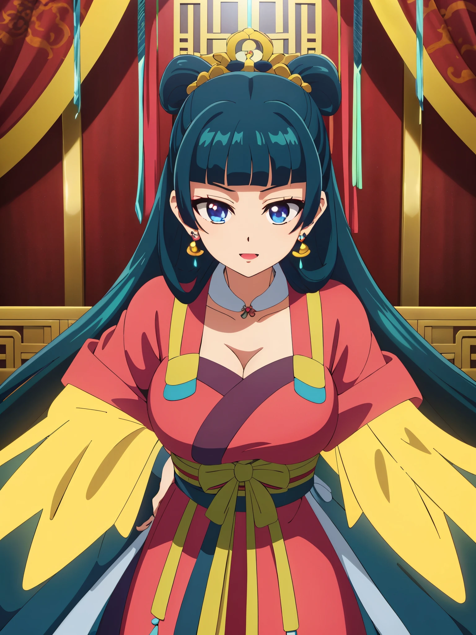 (((Highest quality、Ultra-high resolution、masterpiece: 1.2))), Highly detailed anime art style, Style, (Off the shoulder,Earrings, A luxurious interior of the Tang Dynasty harem), Detailed green hair, Detailed blue eyes, Complicated hairstyle, Long Hair,Sparkling eyes,like々Shii,hair accessory, Wearing Chinese Earrings, She has a hairpin on her head、Half Up, Slightly blunt bangs, Detailed lighting, Bright colors, Looking at the audience, 45 degree top down shot、Facing forward、Stand in the center of the image、Cowboy Shot,Cat、Curvaceous、Big Breasts、 big ass、High-end kimono、Traditional Tang Dynasty Kimono、Crimson lipstick、