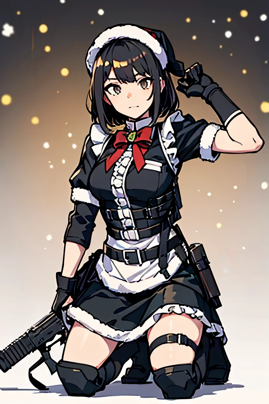 last christmas war, 2b14 (girls' frontline), christmas suit, tactical maid, tactical clothes, tactical protections, christmas clothes, (Black Ops), warrior maid, maid weapons, tactical straps, tactical frilled dress, frilled short sleeves, frilled top, frilled gloves, frilled wrist gloves, navel, very slightly athletic abs, black and red color clothes, tactical details on clothing, christmas details on clothing, decorative additives on clothing, ded and black clothing details, christmas maid, tactical christmas, (((((tactical frill Knee-length skirt))))), Tactical Gloves, Tactical Insertion, christmas maid frontline, frontline war, metallic details, special ops, tactical ornaments on clothing, frilled tactical top, Christmas Tactical Accessories on clothing, Combat attachments, tactical christmas boots, tactical ornaments on head, tactical suit, tactical light armor, knee pads and elbow pads tactical protection, metal details, tactical chest protector, tactical christmas clothes, tactical protections, tactical top vest, tactical vest top, assault mission