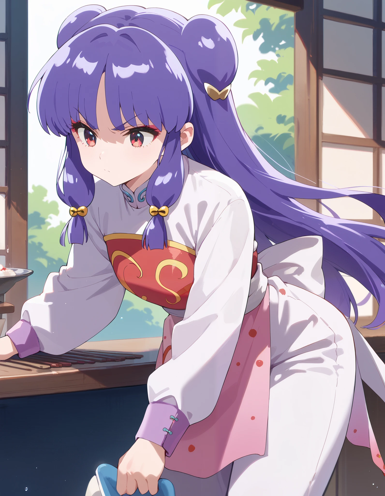 Shampoo dark purple hair with a fringe and two strands hanging in front that are secured with ties and dark pink eyes. Chinese clothing with a matching blouse and pants, she may wear an apron.
