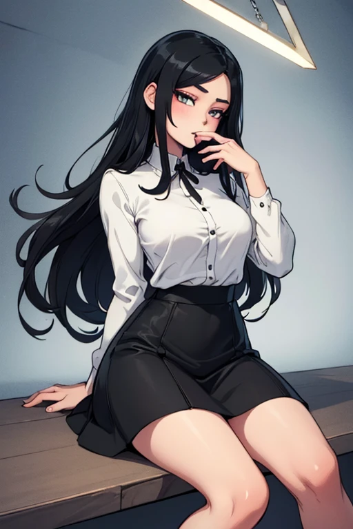 Hot beautiful milf, long hair, skirt, shirt, black hair, long sleeves, , black eyes, sweater vest,teardrop earrings 