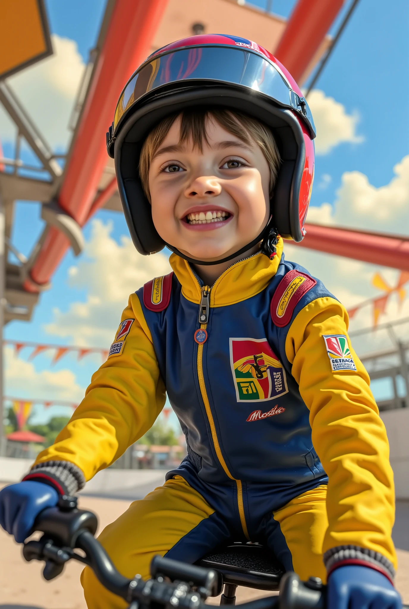 (Cartoon illustration:1.6) of A boy wearing a racer suit. Digital painting, comic art, datailed.