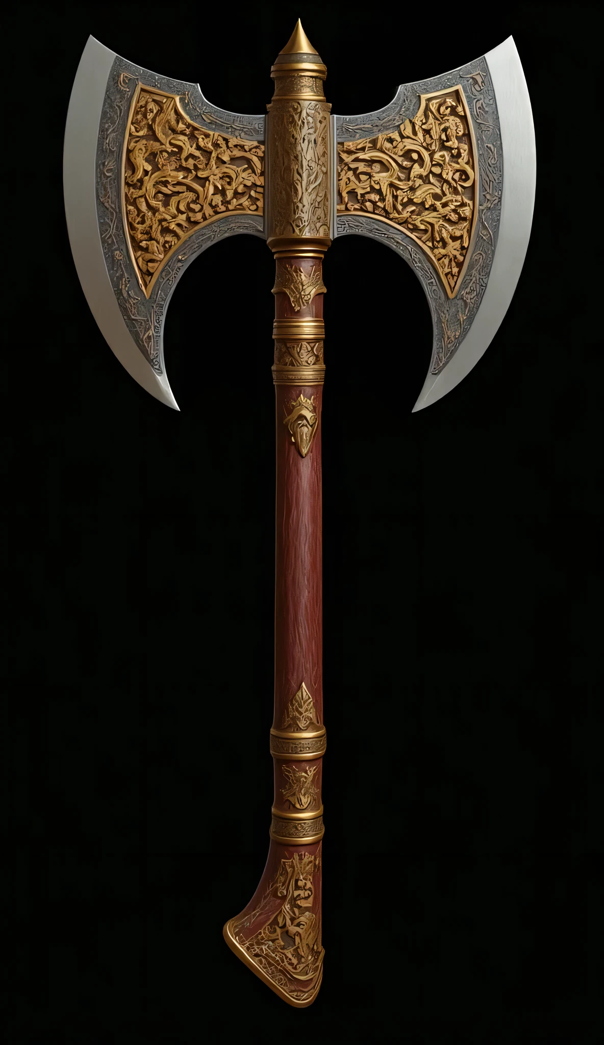 The left hand holds an axe with a 3-meter large blade, sci-fi, a golden axe, a double-edged axe, reflecting the shadow, a 2-meter-long handle, beautiful pattern, realistic, a masterpiece, sharp, golden aura, ลายกนก, ลายไทยโบราณ, delete hand, no human